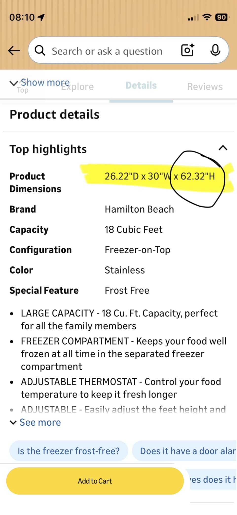 Hamilton Beach Frost Free Top Mount 2-Door Apartment Size Refrigerator with Freezer, 18 Cu Ft, Stainless Steel customer photo 2