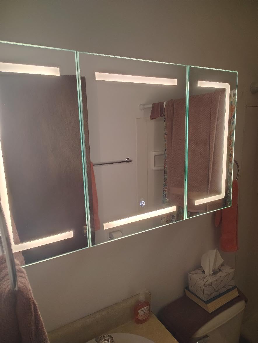 Medicine Cabinet Organizer with Mirror, Lighted Bathroom Medicine Cabinet with Storage, 3 Doors Bathroom Wall Cabinet with LED Lights, Adjustable Shelves & Outlets, 31.5'' x 23.6'', White customer photo 1