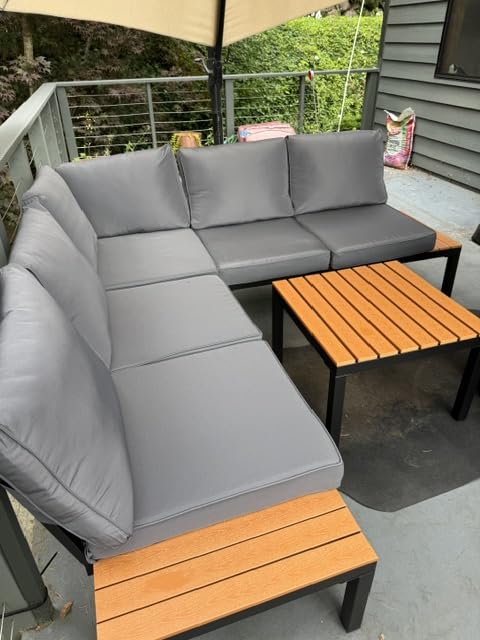 5-Person Outdoor Patio Furniture Set, Durable Metal Frame Outdoor Sectional with Wood-Look Table & Waterproof Cushions, All-Weather Conversation Set for Garden, Balcony, Poolside-Beige customer photo 1