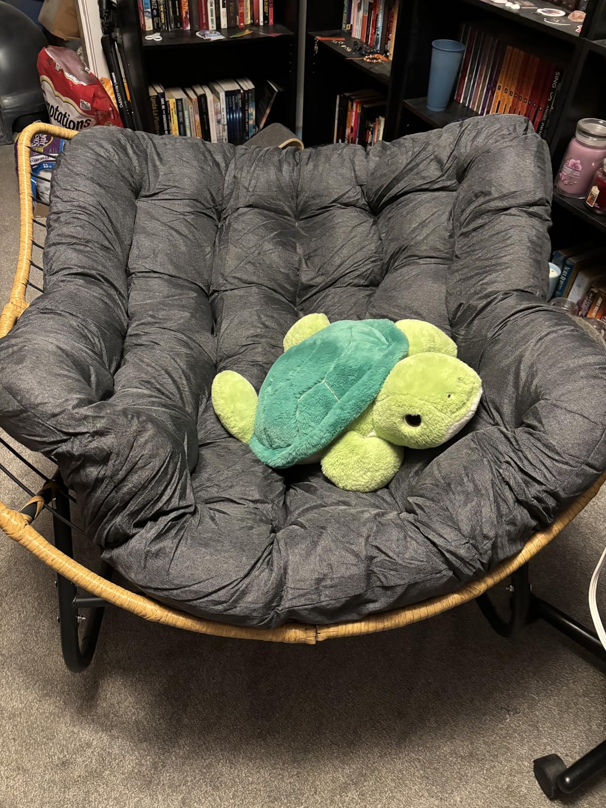 Papasan Rocking Chair Outdoor, Oversized Patio Egg Chair with Thick Cushion, Indoor Wicker Lounge Rocker Bed for Balcony, Porch, Garden, Dark Gray customer photo 2