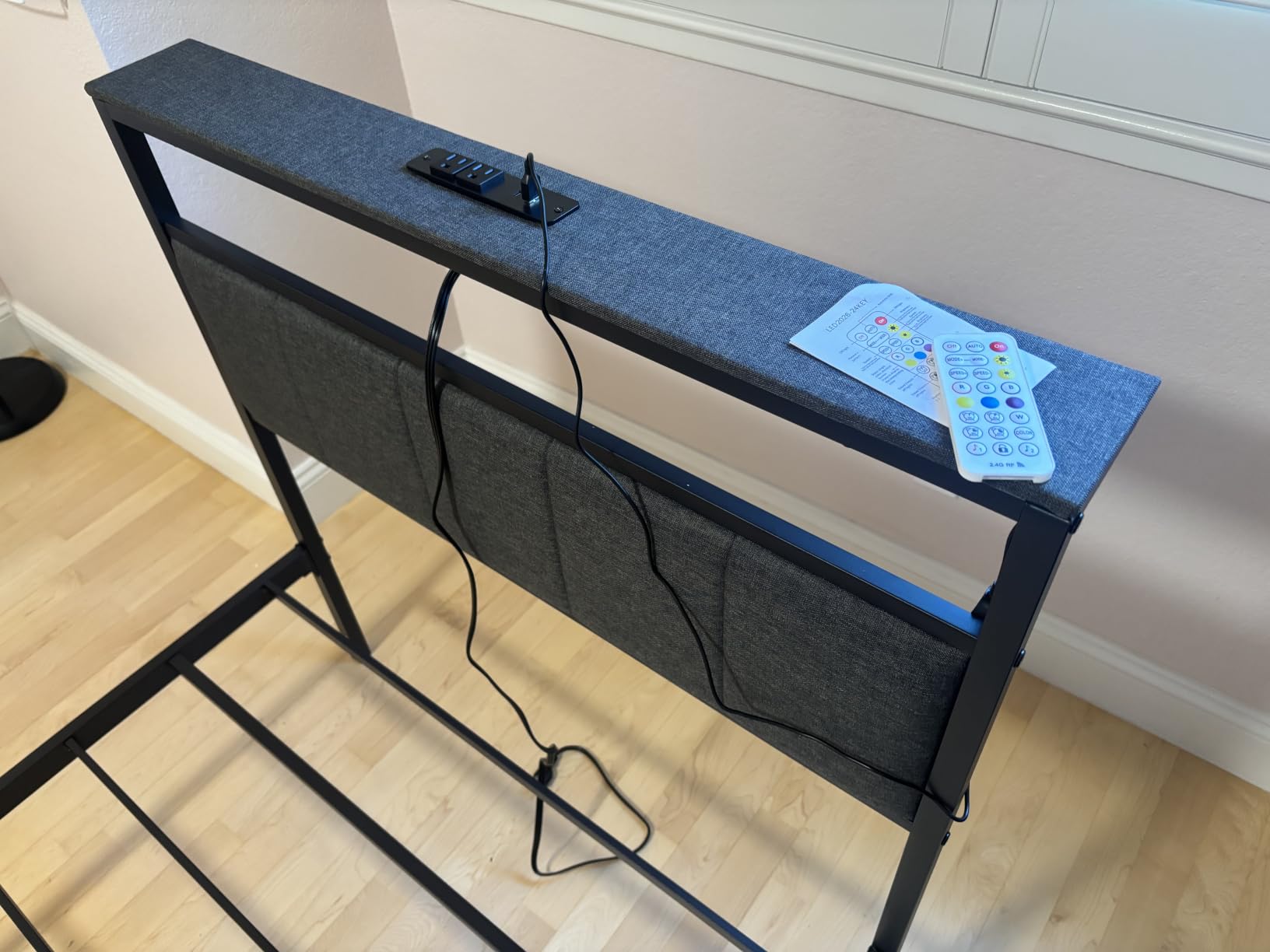 Queen Bed Frame with 2 Storage Drawers, Grey Upholstered | Headboard with Charging Station and LED Lights, Metal Platform Bed with Storage Shelf customer photo 1