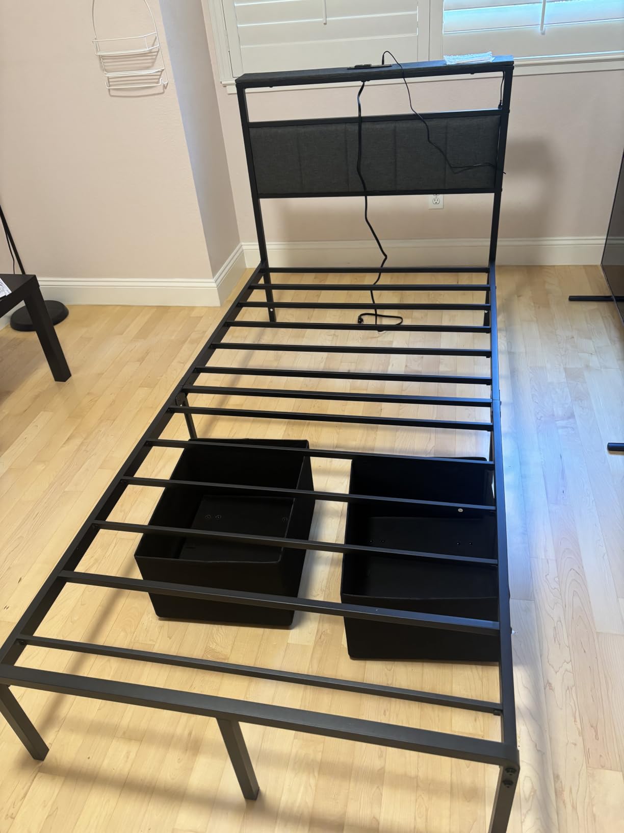 Queen Bed Frame with 2 Storage Drawers, Grey Upholstered | Headboard with Charging Station and LED Lights, Metal Platform Bed with Storage Shelf customer photo 2