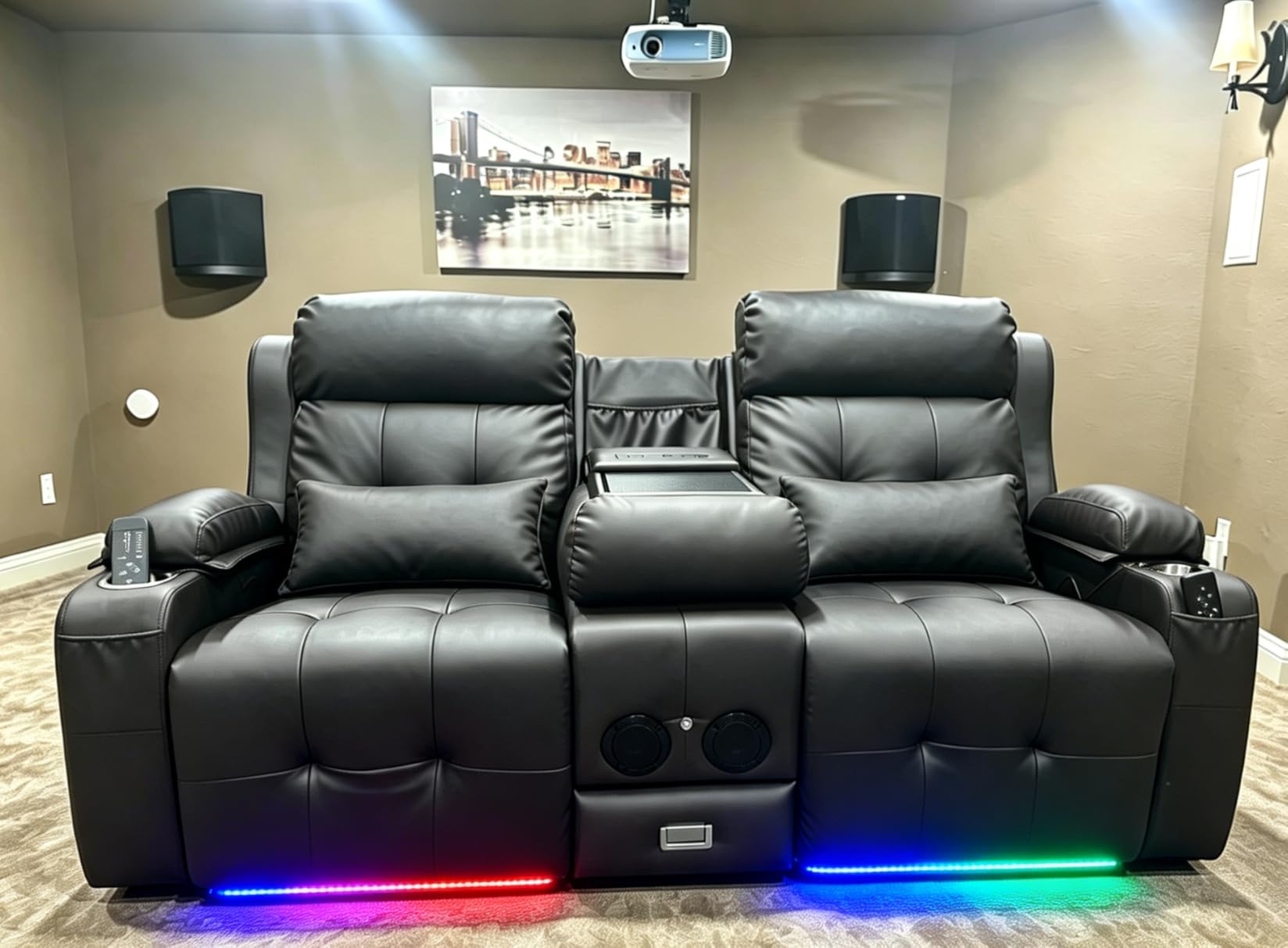 Home Theater Seating, 3 Seat Power Loveseat Recliner Sofa with Heat Massage | Wall Hugger Reclining Loveseat with USB, RV Couch with LED Lights, Flip Backrest, Cup Holders for Movie Theater, Gaming Room customer photo 2