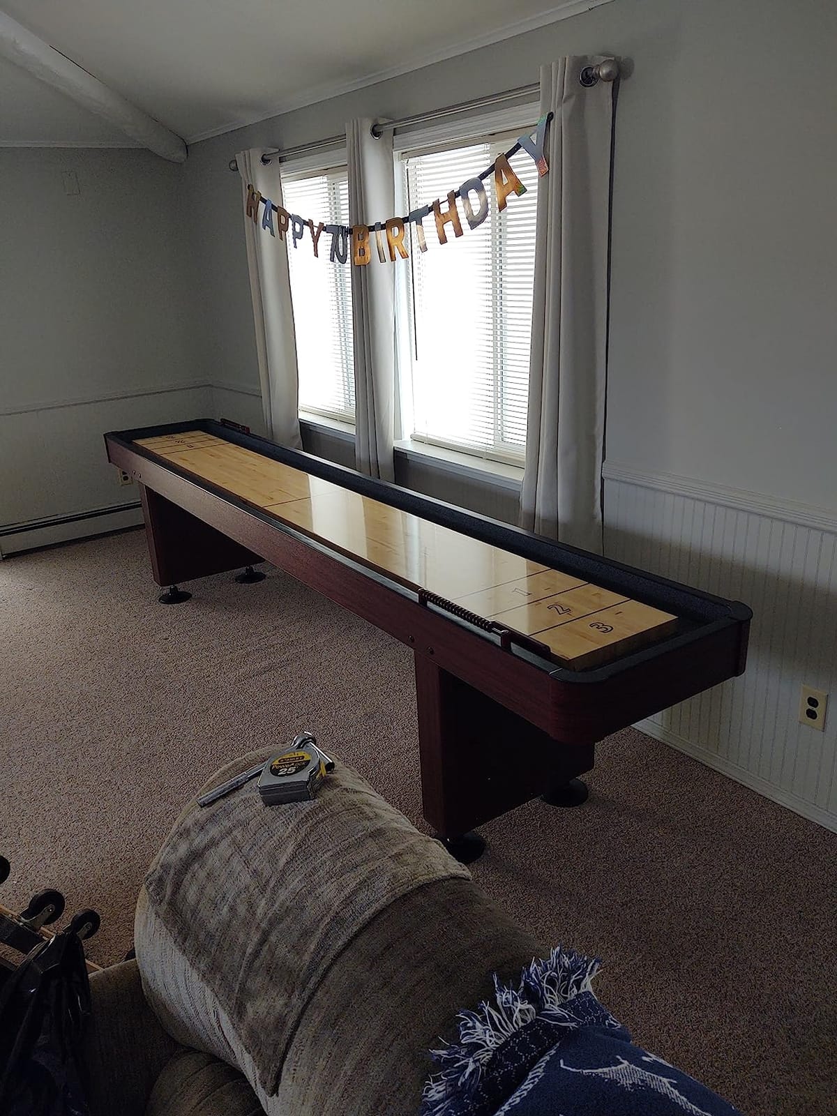 Challenger Shuffleboard Table with Dark Cherry Finish, Hardwood Playfield, Storage Cabinets, Climate Adjusters, Leg Levelers, 8 Pucks, Brush and Wax customer photo 1