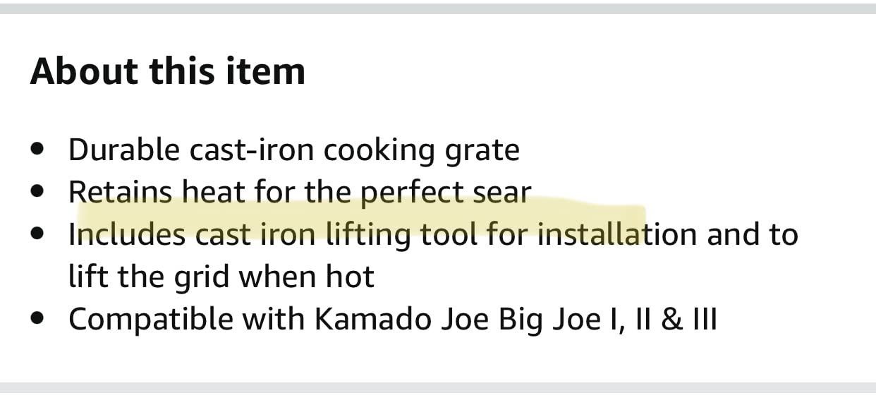 Kamado Joe Durable Half-Moon Cast Iron Cooking Grate with Grill Grate Lifter for Big Joe 24-inch Charcoal Grill and Smokers, Free Standing, in Black, Model BJ-HCICG customer photo 2