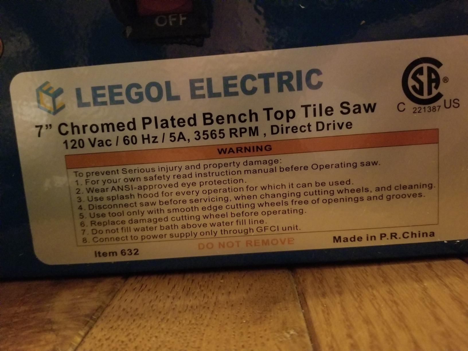Leegol Electric 7in. Wet Tile Saw customer photo 1