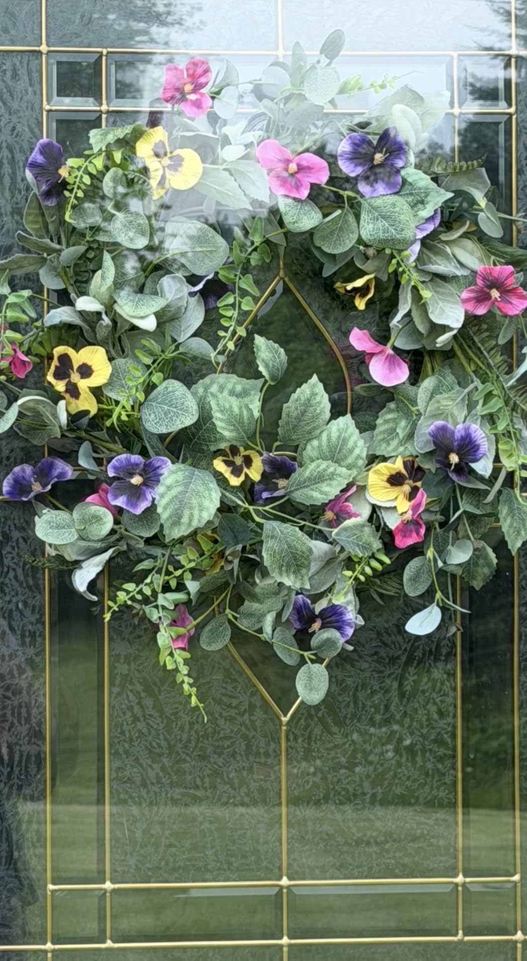 Artificial Spring Summer Wreath with Pansy Flowers,Flocked Lamb Ear Leaves,Eucalyptus Leaves,Fern Branches for Front Door Indoor Outdoor Farmhouse Wall Holiday Decor, White Gift Box Included customer photo 1