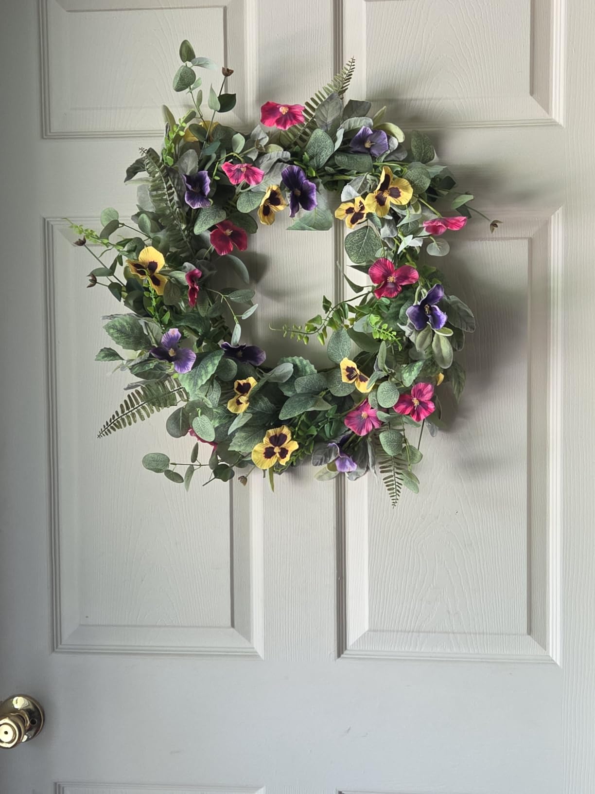 Artificial Spring Summer Wreath with Pansy Flowers,Flocked Lamb Ear Leaves,Eucalyptus Leaves,Fern Branches for Front Door Indoor Outdoor Farmhouse Wall Holiday Decor, White Gift Box Included customer photo 2