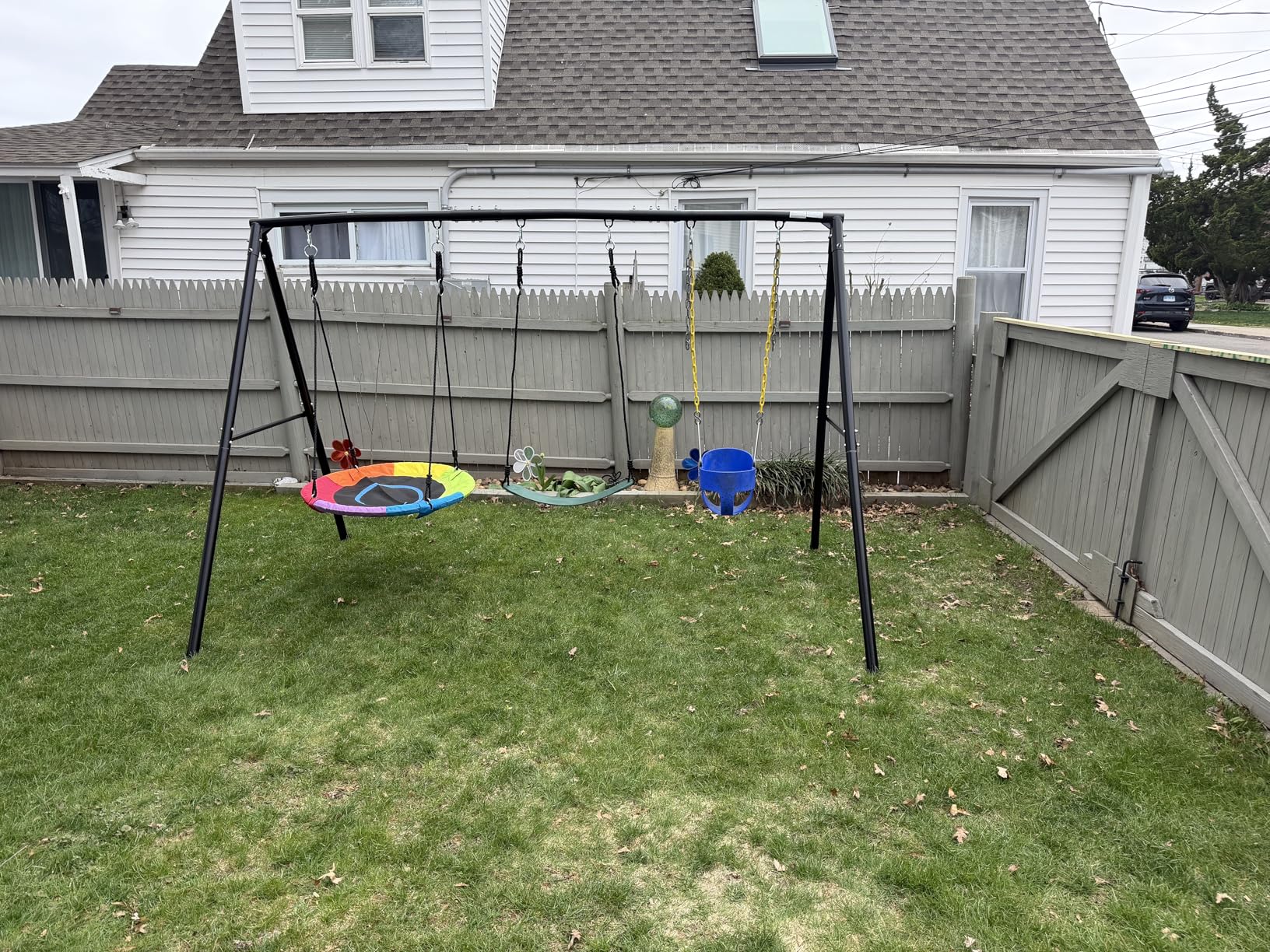 3 Seat Swing Set for Backyard with Saucer & Belt Swings | 550lbs Capacity, Powder-coated Metal Stand, Compact Swing Sets for Small Backyard, ASTM Tested | CPSC Safety Compliant customer photo 2