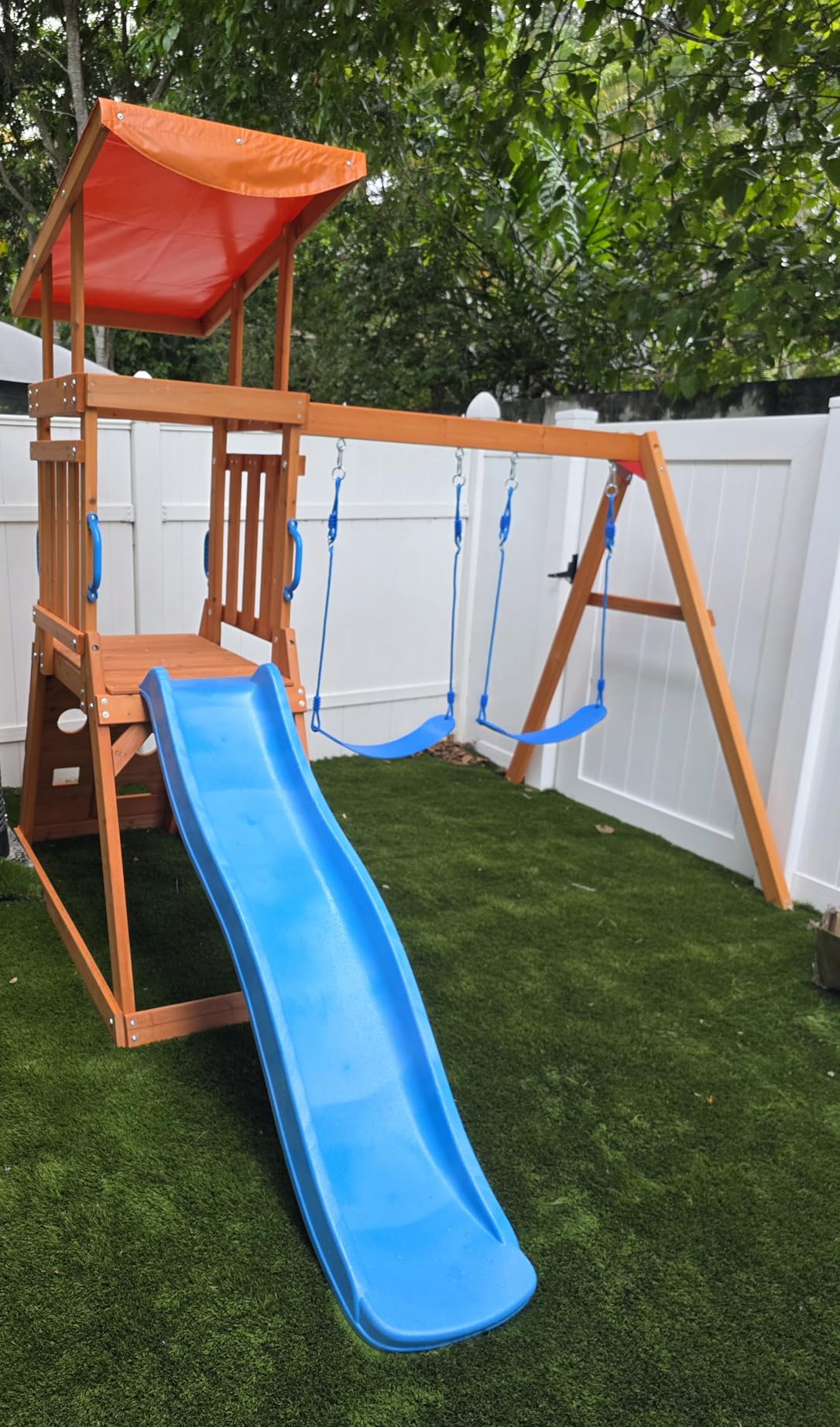 Dolphin Playground Wooden Swing Sets for Backyard with 6FT Slide, Outdoor Playset for Kids with Sand Pit, Climbing Wall, and 2 Belt Swings, Heavy Duty Playground Accessories, Ages 2-9 customer photo 1