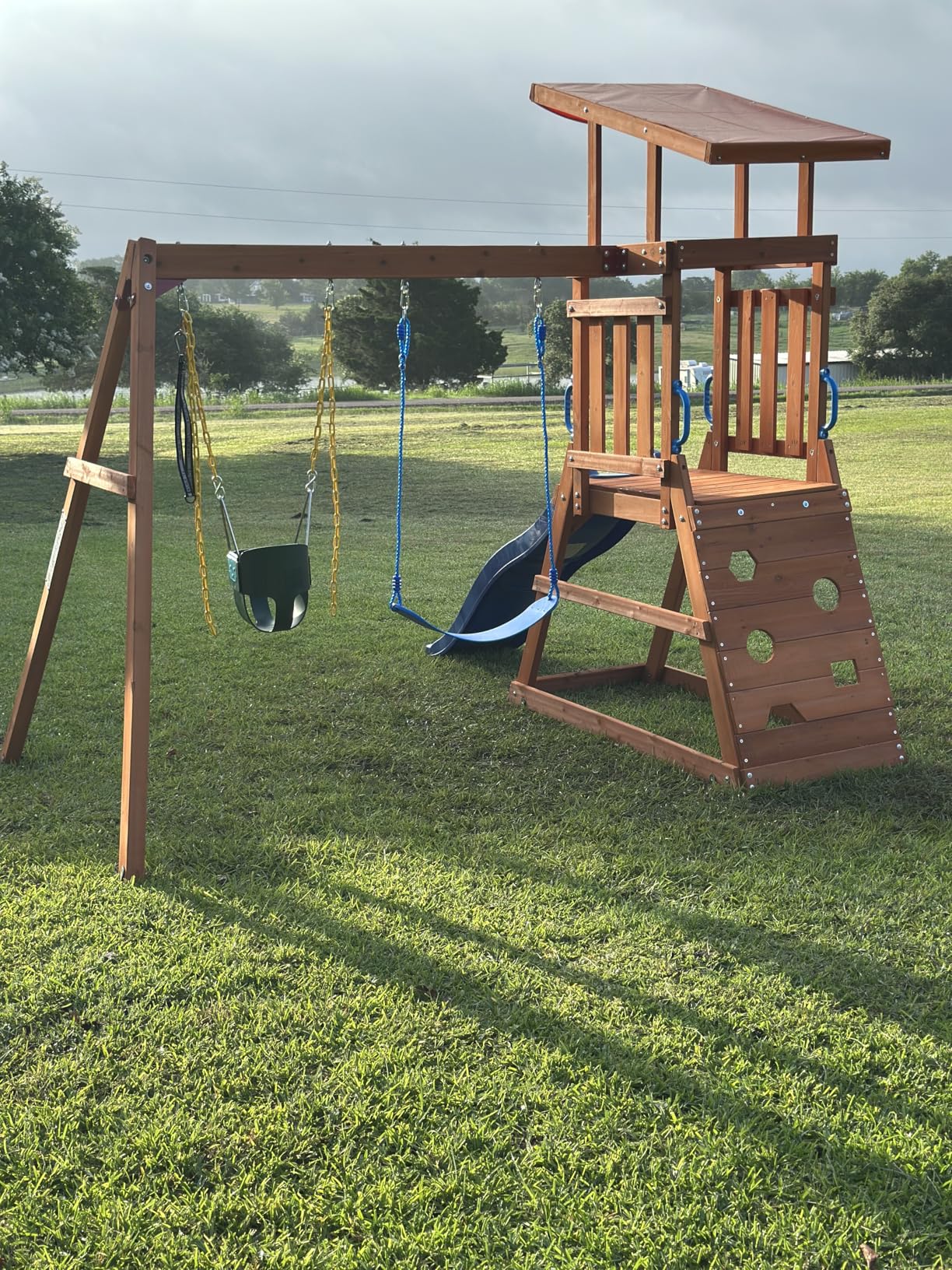 Dolphin Playground Wooden Swing Sets for Backyard with 6FT Slide, Outdoor Playset for Kids with Sand Pit, Climbing Wall, and 2 Belt Swings, Heavy Duty Playground Accessories, Ages 2-9 customer photo 2