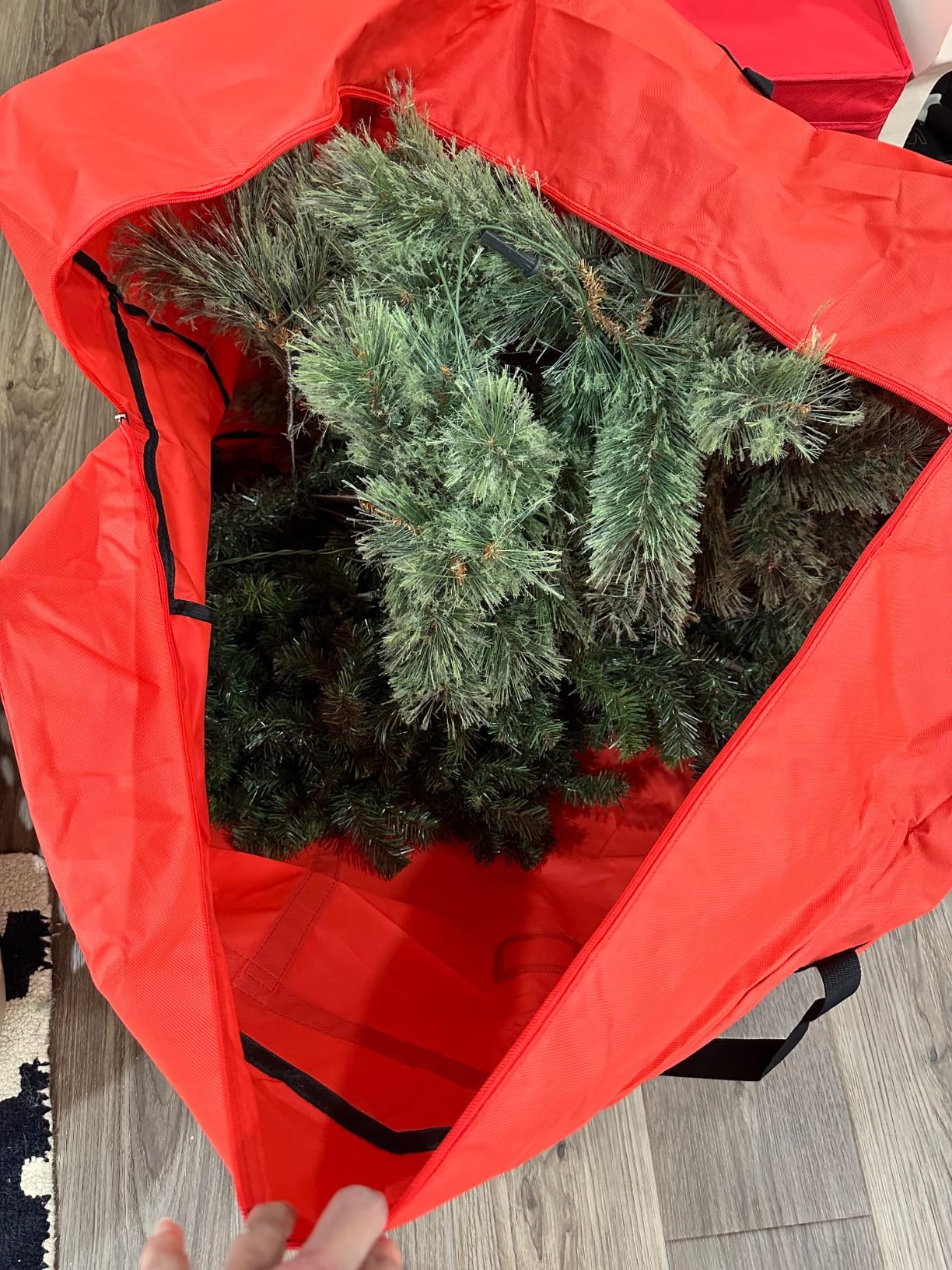 HikooLSS Christmas Tree Storage Bag 12 Ft Tall Tree Container Heavy Duty | Oxford Dual Mesh Pockets, Moistureproof, Extra Large Christmas Tree Box for Big Xmas Tree Wide Opening Red (65X23X27in) customer photo 2