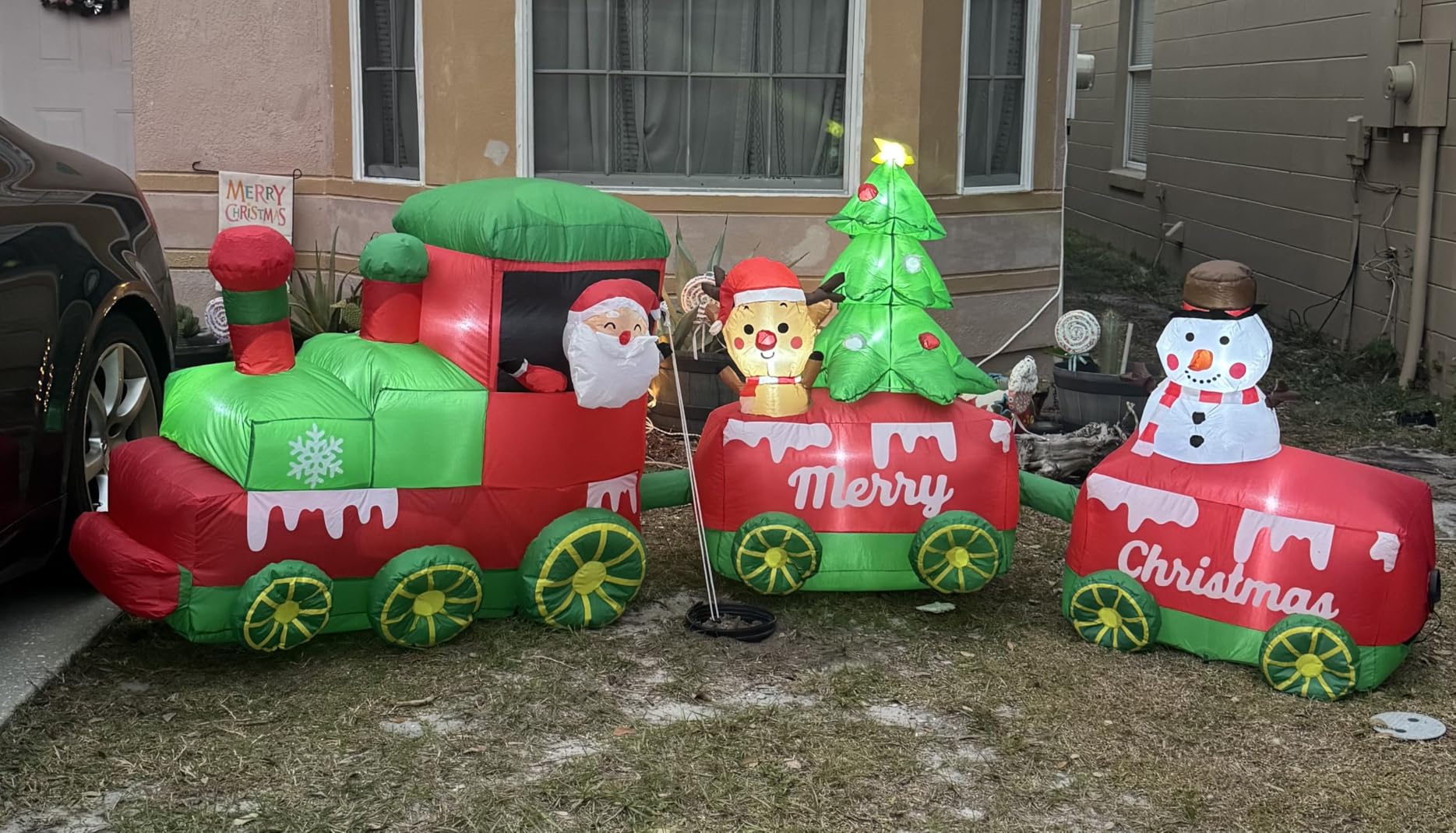 10.7 FT Christmas Inflatables Train with Santa Claus Reindeer Snowman Christmas Trees Built-in LED Lights Blow Up Christmas Decor for Christmas Party Holiday Outdoor Garden Lawn Yard Decorations customer photo 1