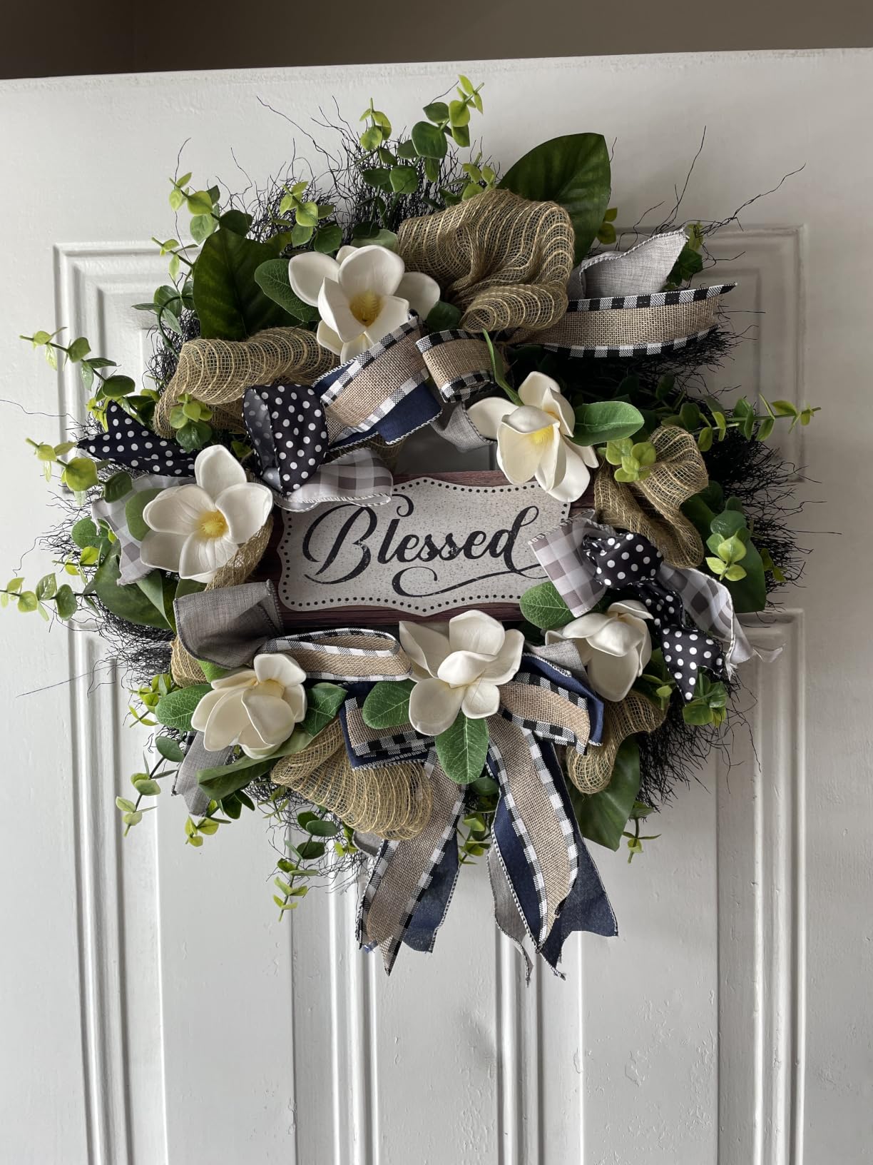 Spring Summer Wreath for Front Door,Farmhouse White Floral Porch Decoration,Front Door Hanger,Housewarming Gift, Buffalo Plaid Year Round Wreath,Summer Home Decor customer photo 1