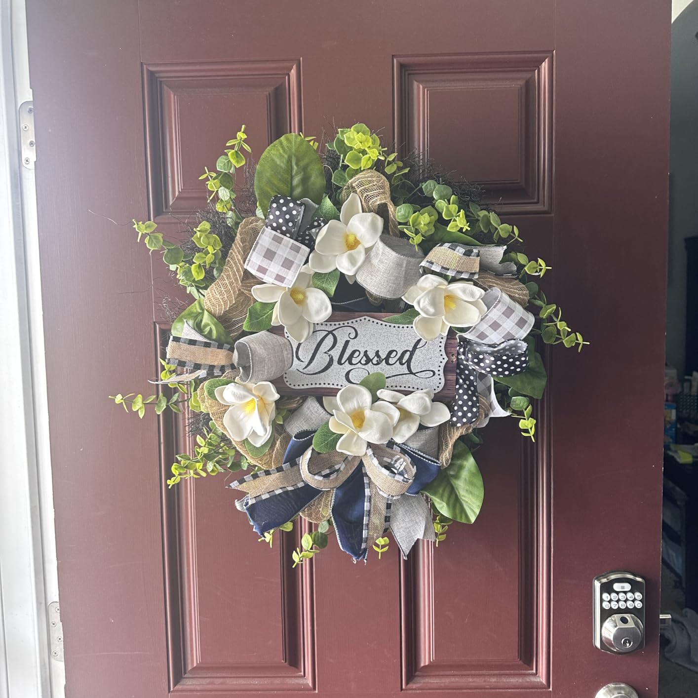 Spring Summer Wreath for Front Door,Farmhouse White Floral Porch Decoration,Front Door Hanger,Housewarming Gift, Buffalo Plaid Year Round Wreath,Summer Home Decor customer photo 2