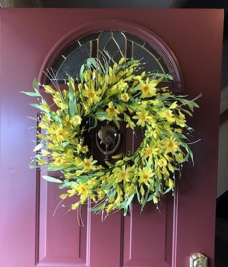 Sggvecsy Spring Wreaths for Front Door 21 Inches Artificial Forsythia Flower Wreath Summer with Yellow Daisy Lavender Green Leaves Silk Floral for Wall Home Indoor Outdoor Decor customer photo 1