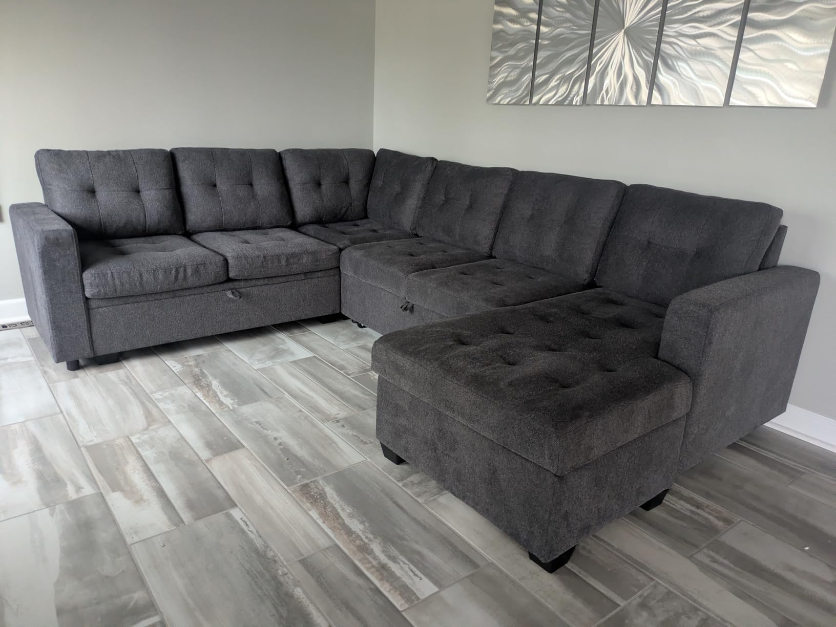 HONBAY Modular Sectional Sleeper Sofa with Pull Out Bed, U Shaped Sleeper Couches with Storage Chaise, 114'' Sleeper Sectional Sofas for Living Room (Dark Grey) customer photo 2