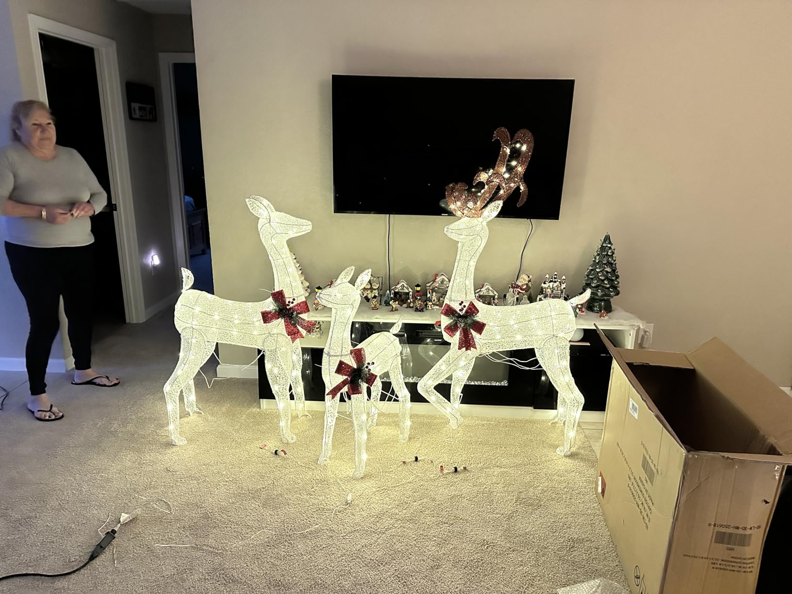 5Ft 3-Piece LED Lighted Christmas Deer Family Outdoor Yard Decorations, 3D Super Large Christmas Reindeer Decor, Outdoor Lighted Holiday Deer with 360 LED Displays for Patio, Lawn and Garden, White customer photo 1