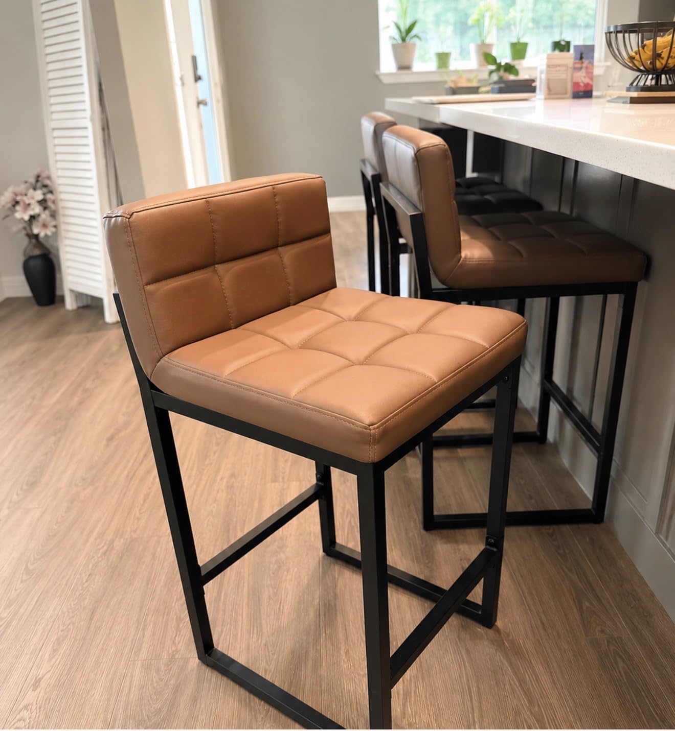 FIRAVOE Counter Height Bar Stools Set of 2, Modern Faux Leather Counter Stools with Low Back and Footrest, Upholstered Bar Chairs for Kitchen Island (Coffee Brown, 2Pcs 26