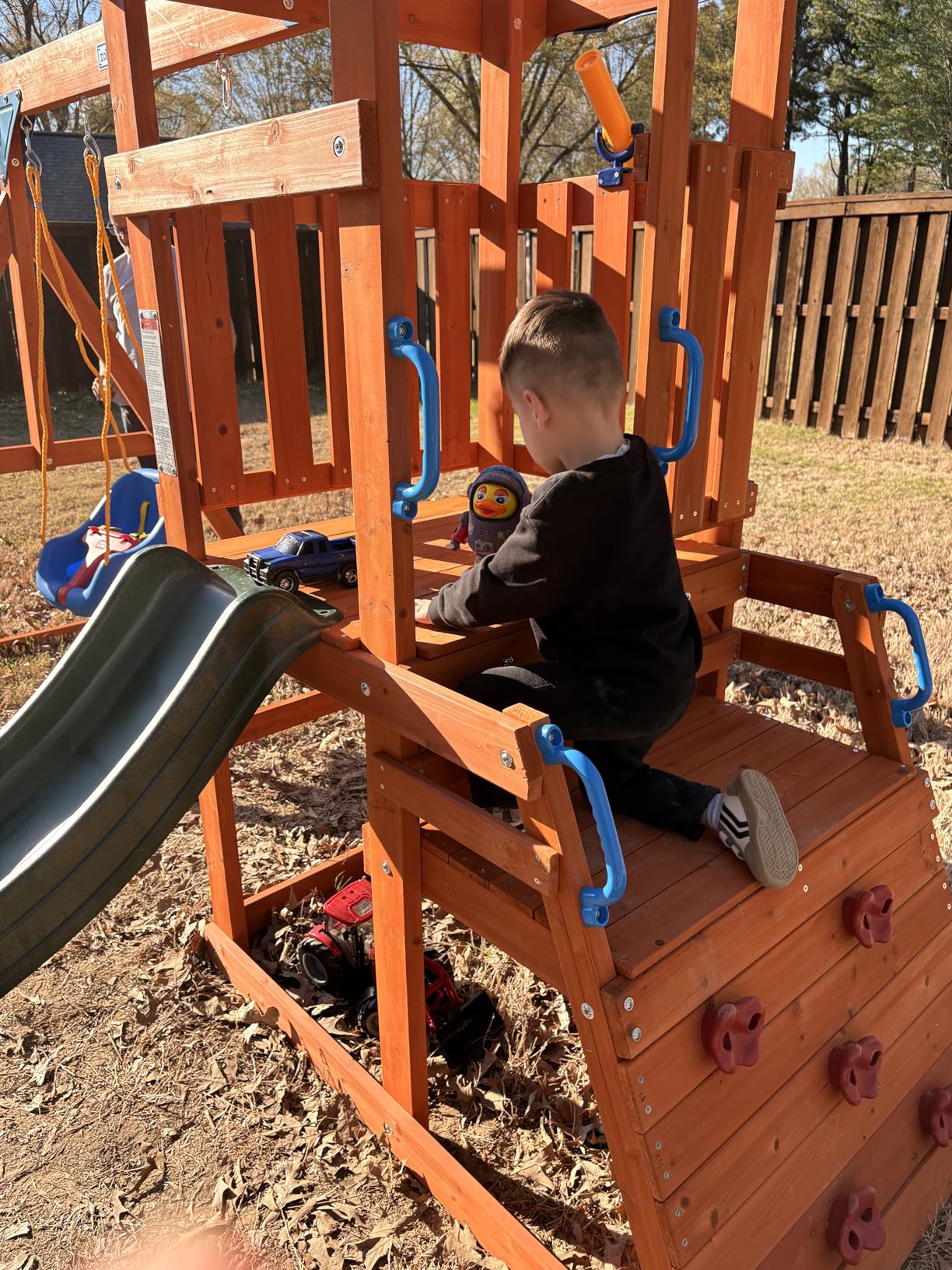 ROBUD Swing Sets for Backyard, Wooden Swing Set, All-in-One Kids Outdoor Play Equipment with Two Swings, Slide, Rock Climbing Wall, Blackboard, Telescope, Fort, Outdoor Playset for Kids & Toddlers customer photo 2
