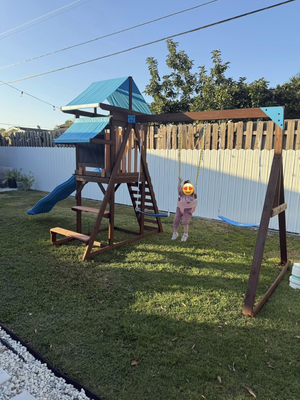 Sportspower Rosemont Cedar Wooden Swing Set with 8' Slide, 2 Adjustable Swings, Trapeze, Play Fort with Rock Climber, Sandbox, Picnic Table, Chalk Tarp & Anchor Kit, Outdoor Playset for Kids Ages 3-8 customer photo 1
