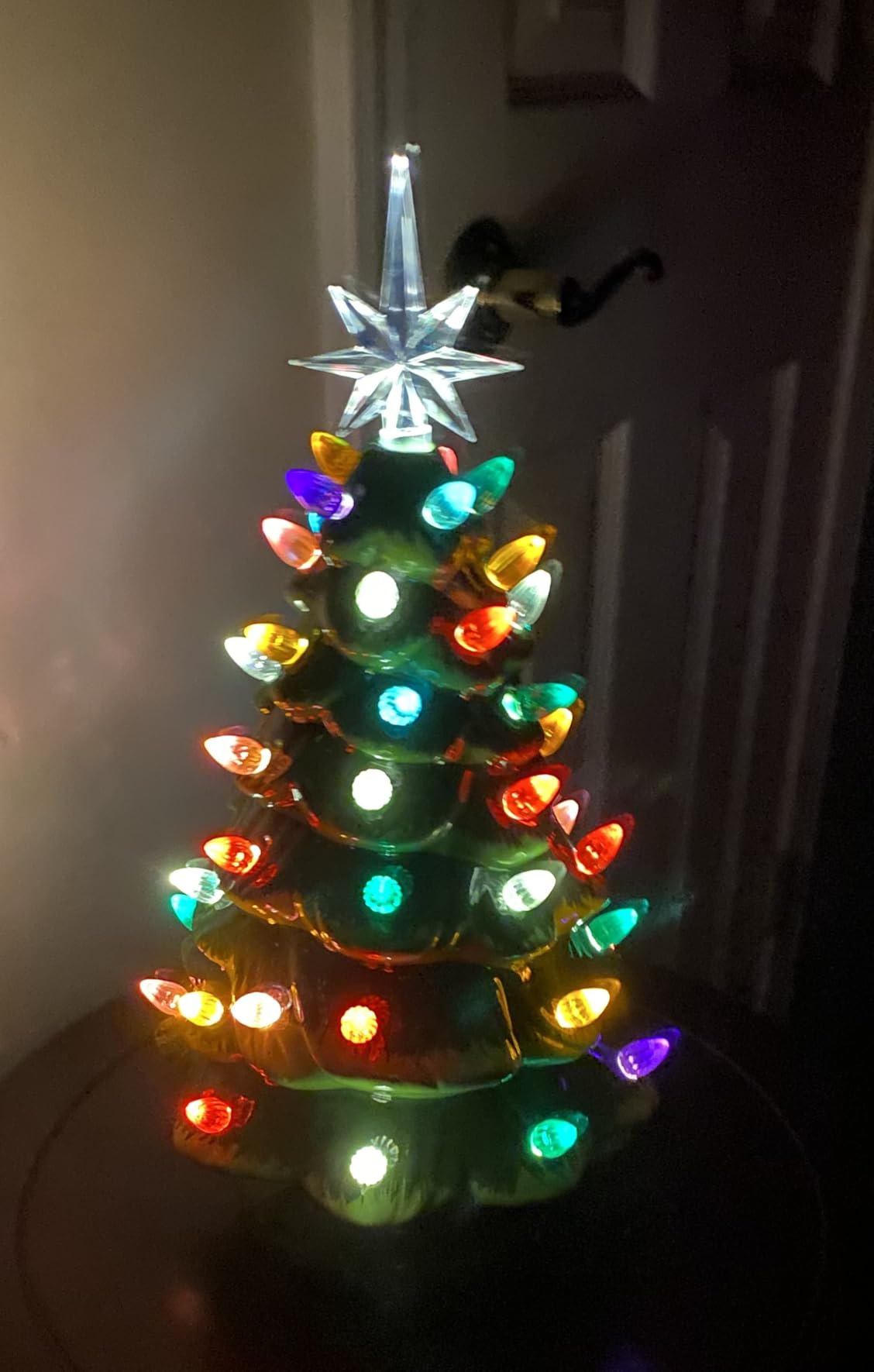 Brightown 13 Inch Ceramic Christmas Tree, Pre-lit Tabletop Christmas Tree with Multicolored LED Lights, Battery Operated Vintage Lighted Ceramic Tree for Home Office Table Holiday Decorations, Green customer photo 1