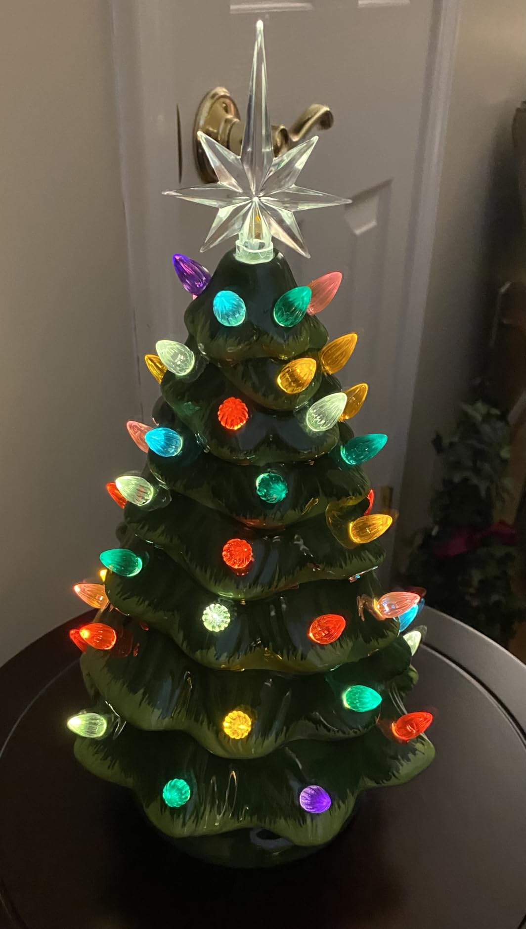 Brightown 13 Inch Ceramic Christmas Tree, Pre-lit Tabletop Christmas Tree with Multicolored LED Lights, Battery Operated Vintage Lighted Ceramic Tree for Home Office Table Holiday Decorations, Green customer photo 2