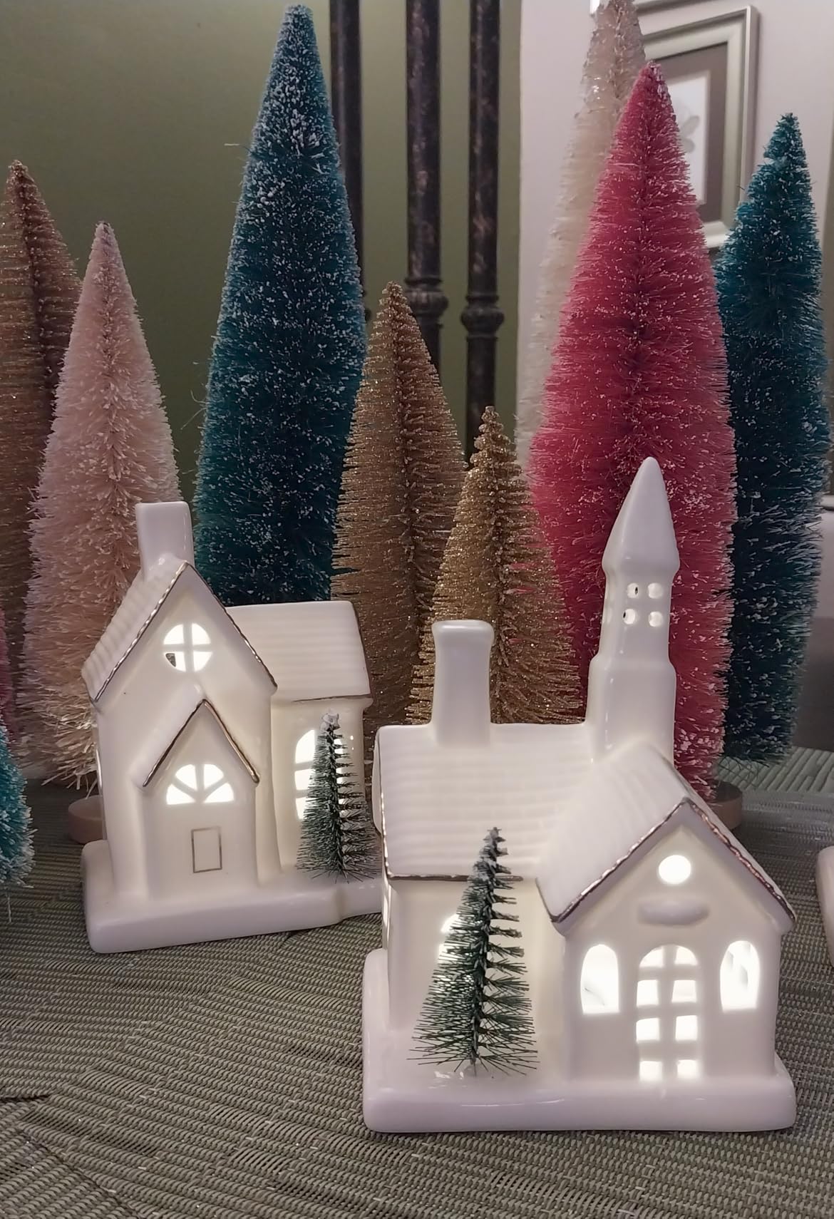 White Ceramic Christmas Village Houses, 3Pcs Light Up Christmas Village Sets with 4Pcs Trees, LED Lighted Tabletop House Figurines for Home Decor, Winter Holiday, Xmas Gift customer photo 1