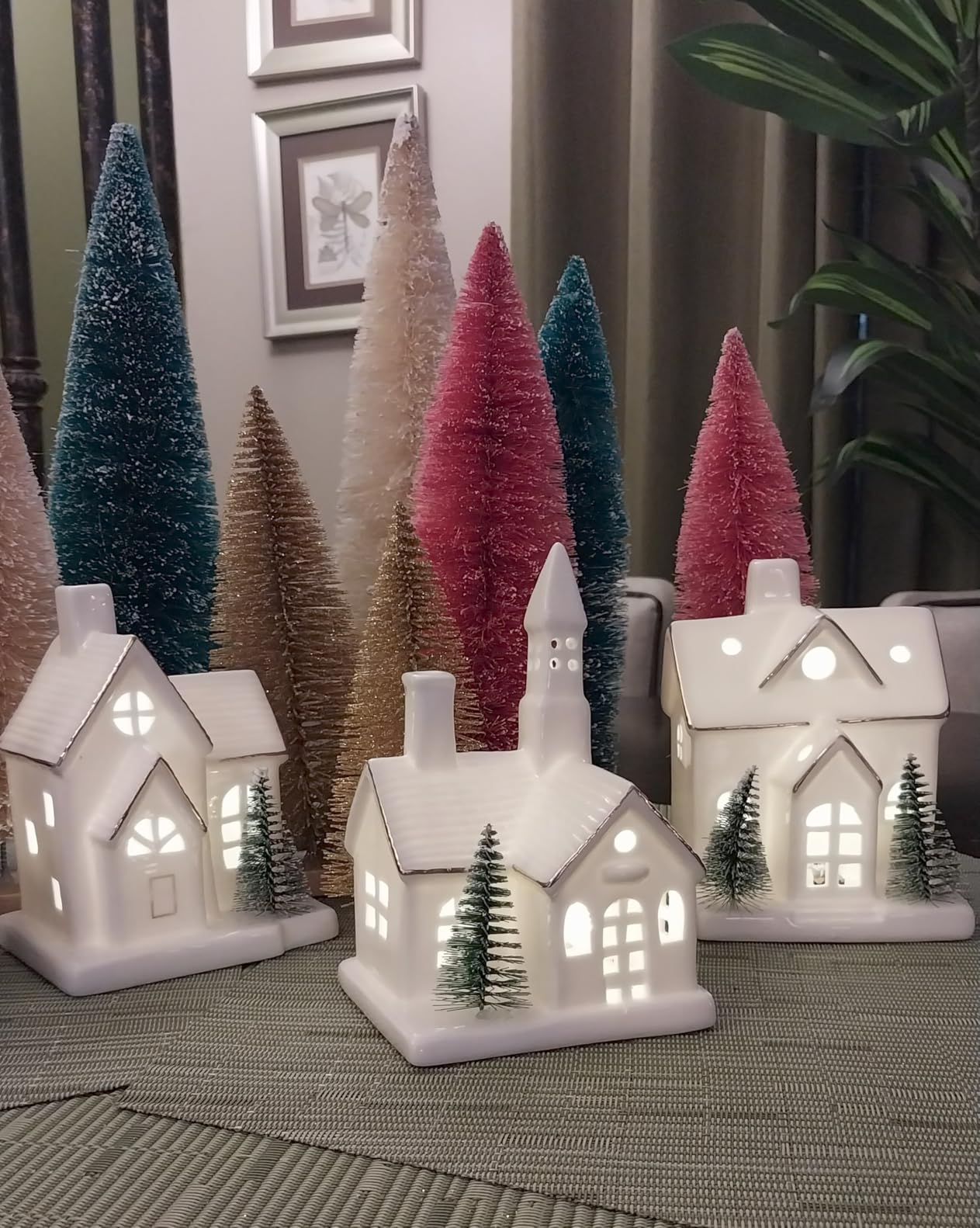 White Ceramic Christmas Village Houses, 3Pcs Light Up Christmas Village Sets with 4Pcs Trees, LED Lighted Tabletop House Figurines for Home Decor, Winter Holiday, Xmas Gift customer photo 2