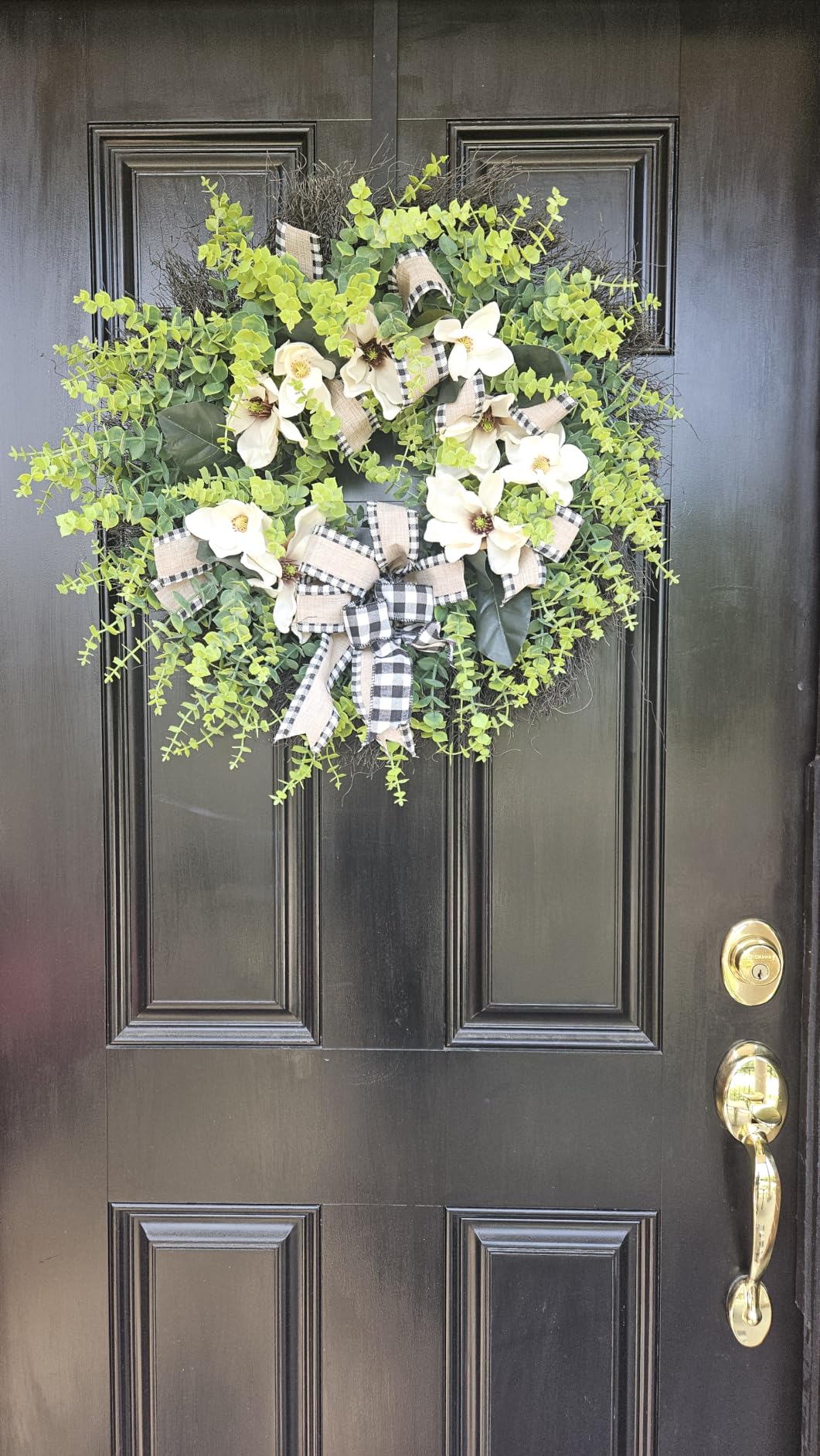 24 Inch Artificial Magnolia Wreath for Front Door - Farmhouse Boxwood Greenery Wreath with Buffalo Plaid Bow, Year-Round Rustic Home Wall Decor for Porch, Entryway, Living Room customer photo 1