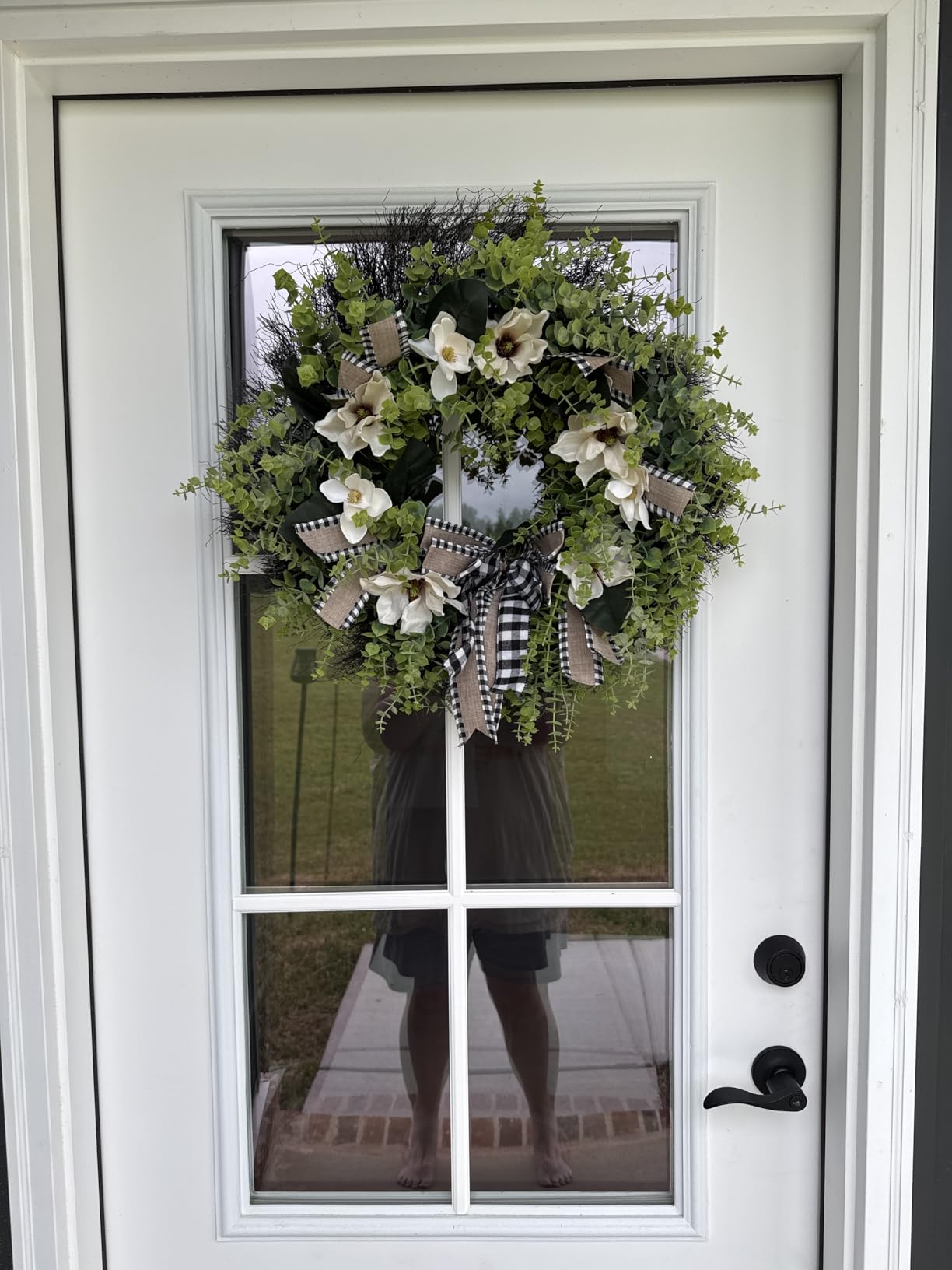 24 Inch Artificial Magnolia Wreath for Front Door - Farmhouse Boxwood Greenery Wreath with Buffalo Plaid Bow, Year-Round Rustic Home Wall Decor for Porch, Entryway, Living Room customer photo 2