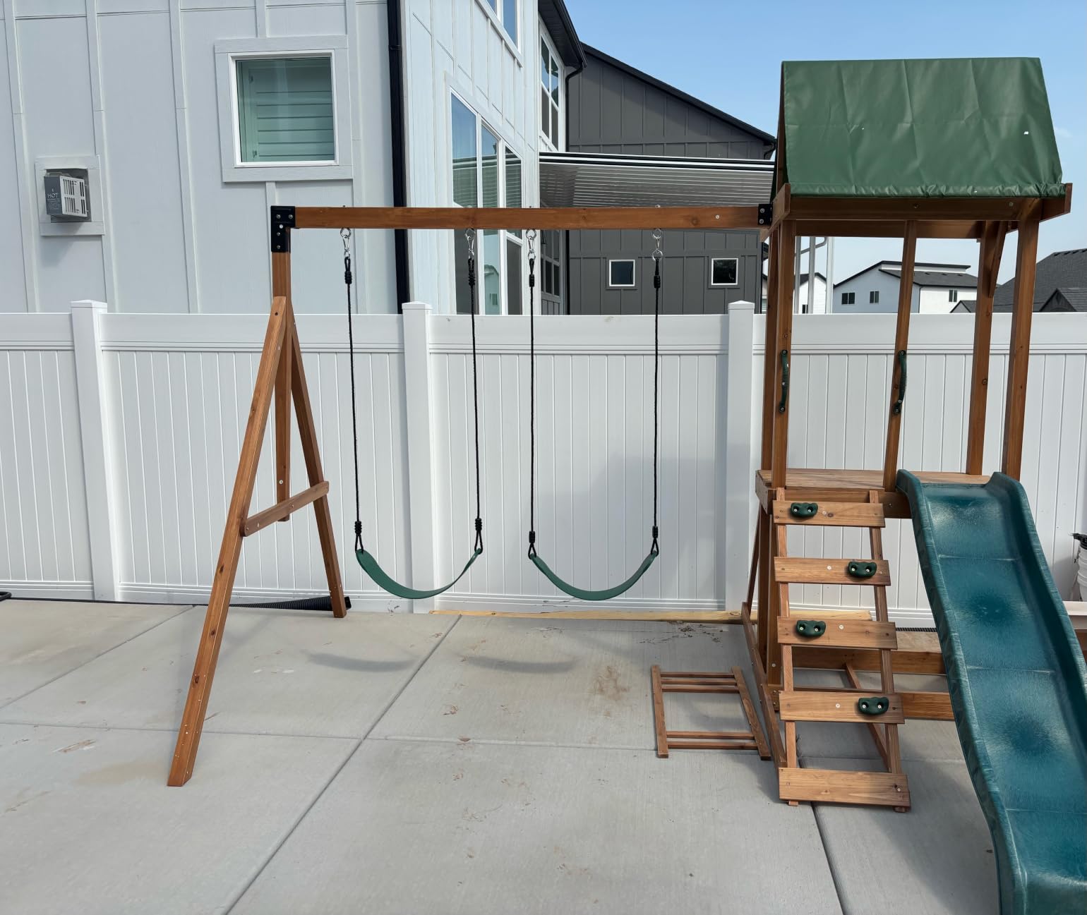Wooden Swing Sets for Backyard, Outdoor Playset Sets for Backyards, Playground Sets with 6 FT Wave Slide, Play Deck, Rock Wall Ladder, 2 Belt Swings, Chalkboard, Canopy Roof customer photo 1