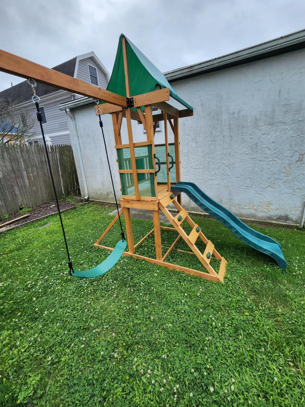 Wooden Swing Sets for Backyard, Outdoor Playset Sets for Backyards, Playground Sets with 6 FT Wave Slide, Play Deck, Rock Wall Ladder, 2 Belt Swings, Chalkboard, Canopy Roof customer photo 2