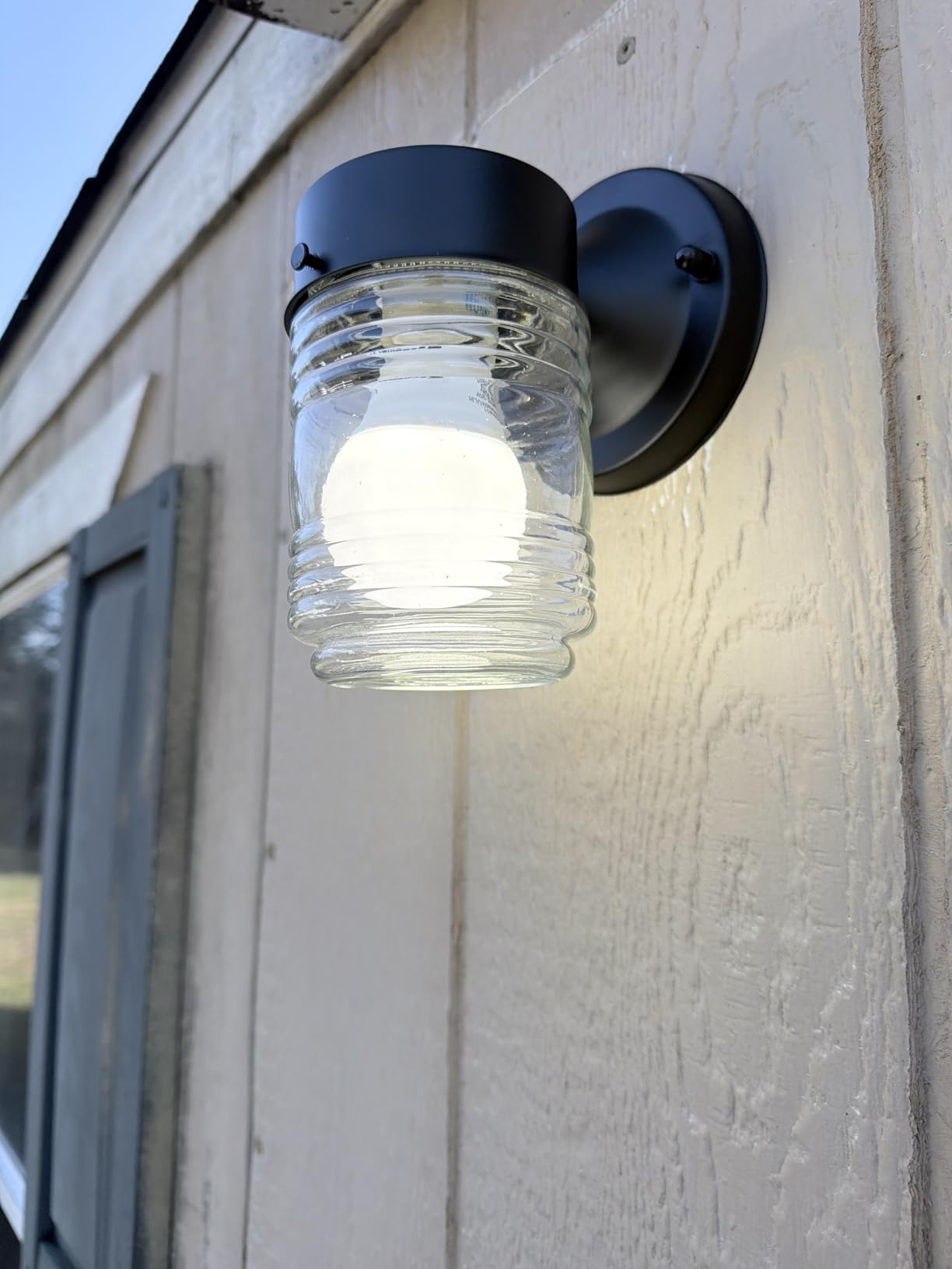 Design House Jelly Jar 1-Light Outdoor Wall Lantern, White Finish, Clear Ribbed Glass, Wet Rated Exterior Porch Light for Patio, Garage, Entryway, Front Door, and Deck, 500181 customer photo 2
