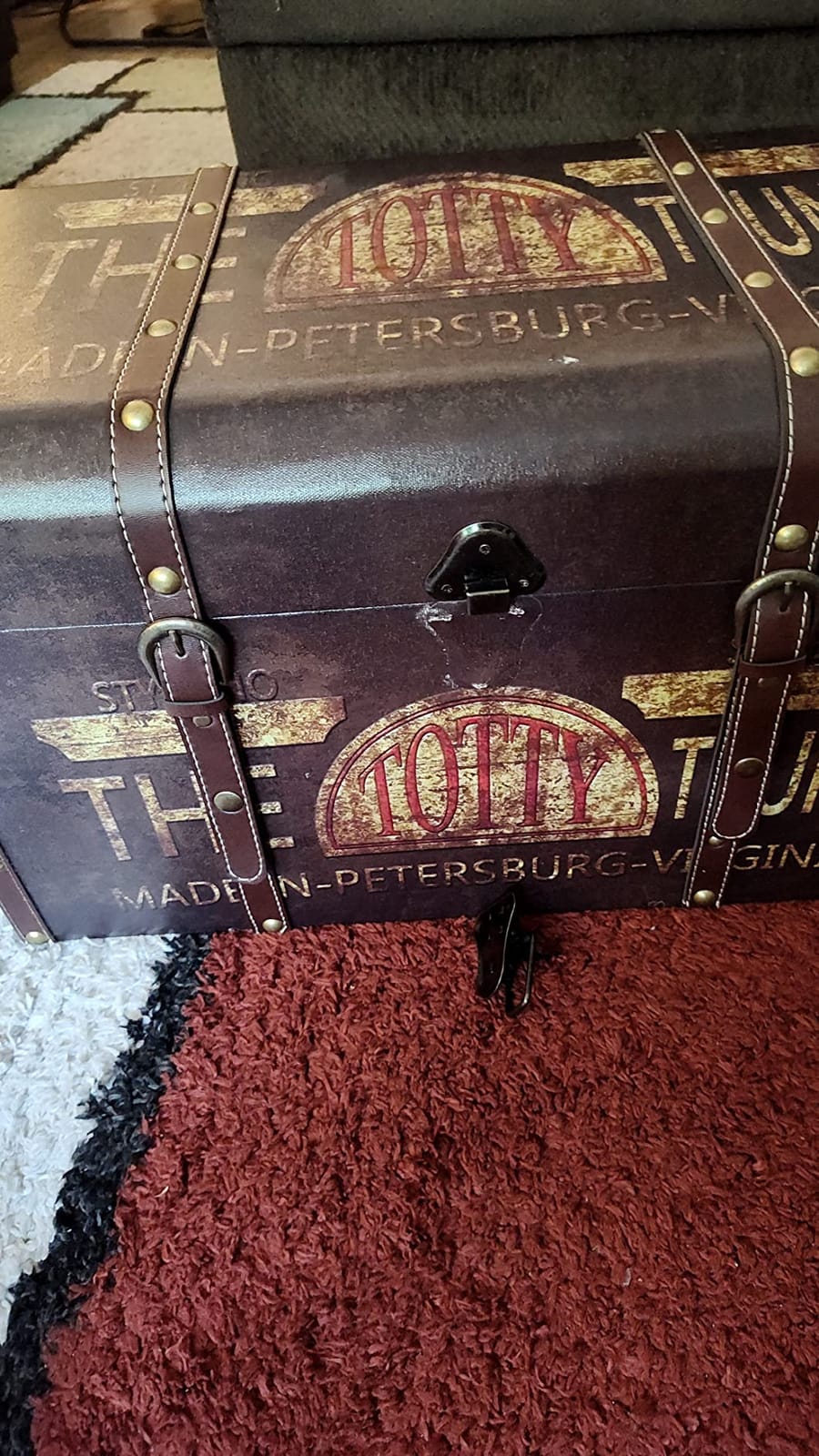 Household Essentials Large Decorative Storage Trunk with Vintage Decoupage, Leather and Metal Accents, Green and Black Finish customer photo 2