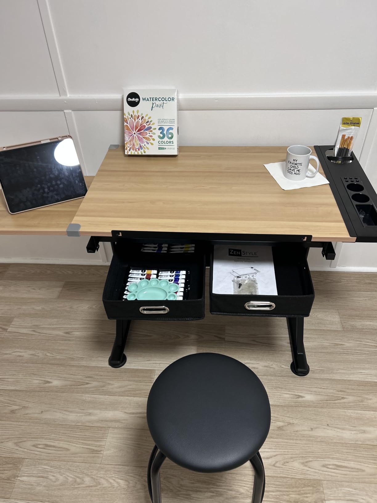 Drafting Table Drawing Desk Art&Craft Work Station Height Adjustable Tilting Tabletop Craft Table Desk w/Stool and 2 Storage Drawers for Home Office Study Room, Natural customer photo 1