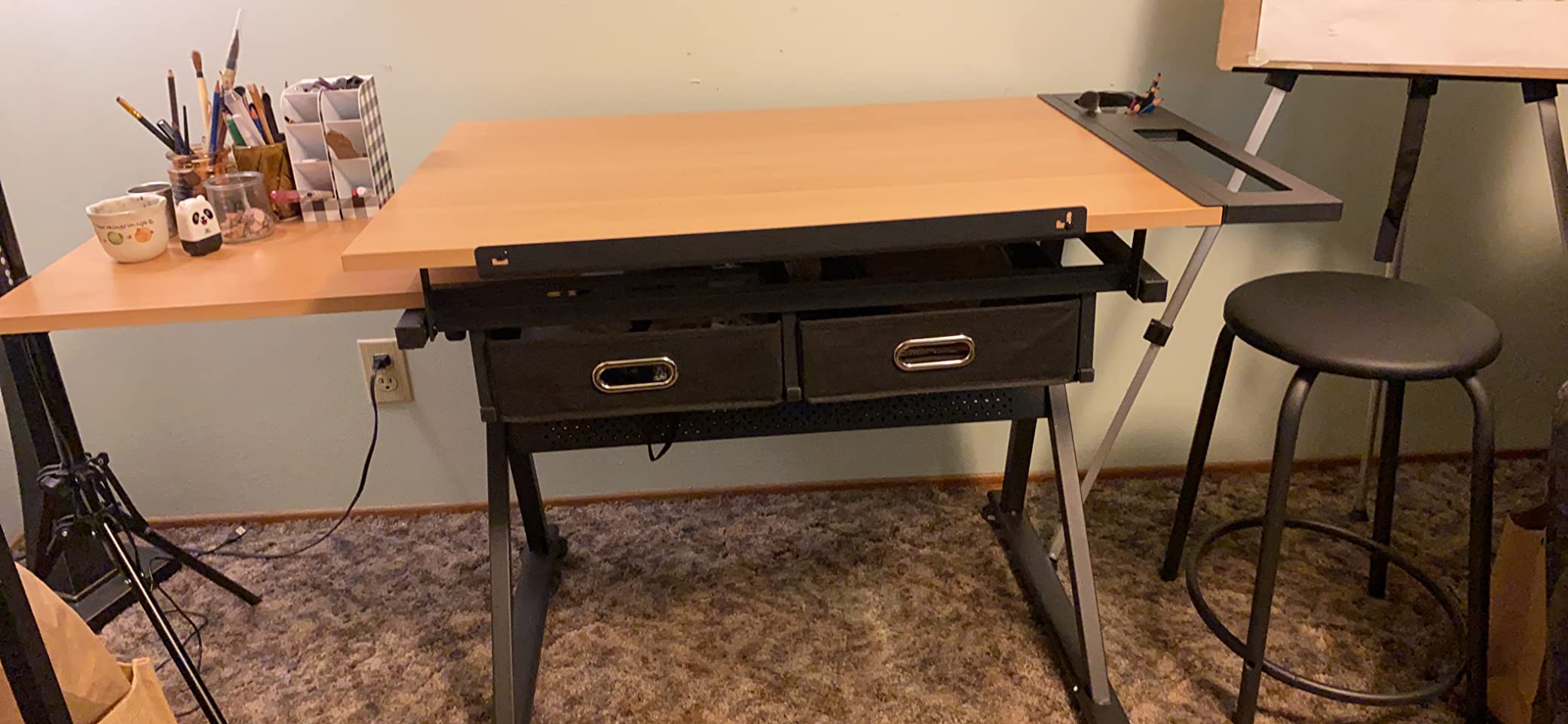 Drafting Table Drawing Desk Art&Craft Work Station Height Adjustable Tilting Tabletop Craft Table Desk w/Stool and 2 Storage Drawers for Home Office Study Room, Natural customer photo 2