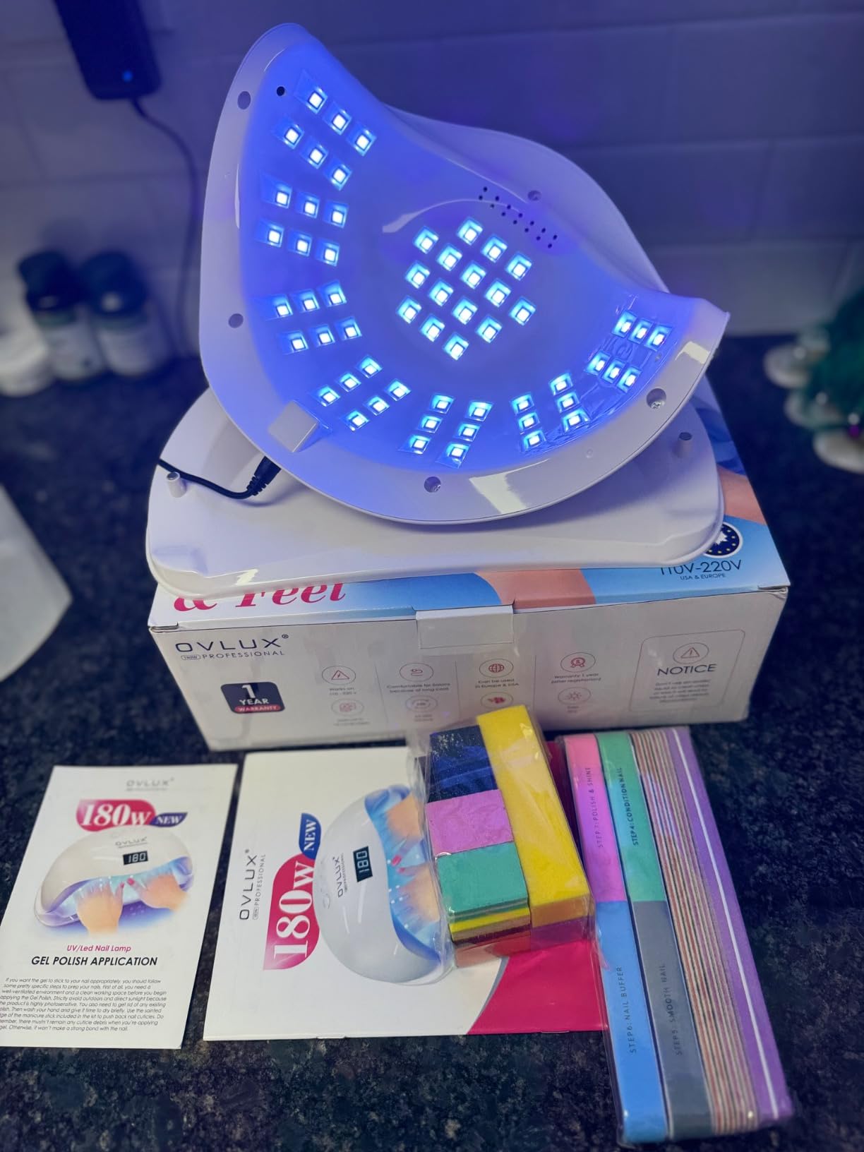 OVLUX 180W UV LED Nail Lamp Professional – Fast Gel Nail Dryer with 57 LEDs, LCD Countdown, Auto Sensor & Low Heat Mode, UV Light for Gel Nails, Salon & Home, Nail Buffer & File Set customer photo 1
