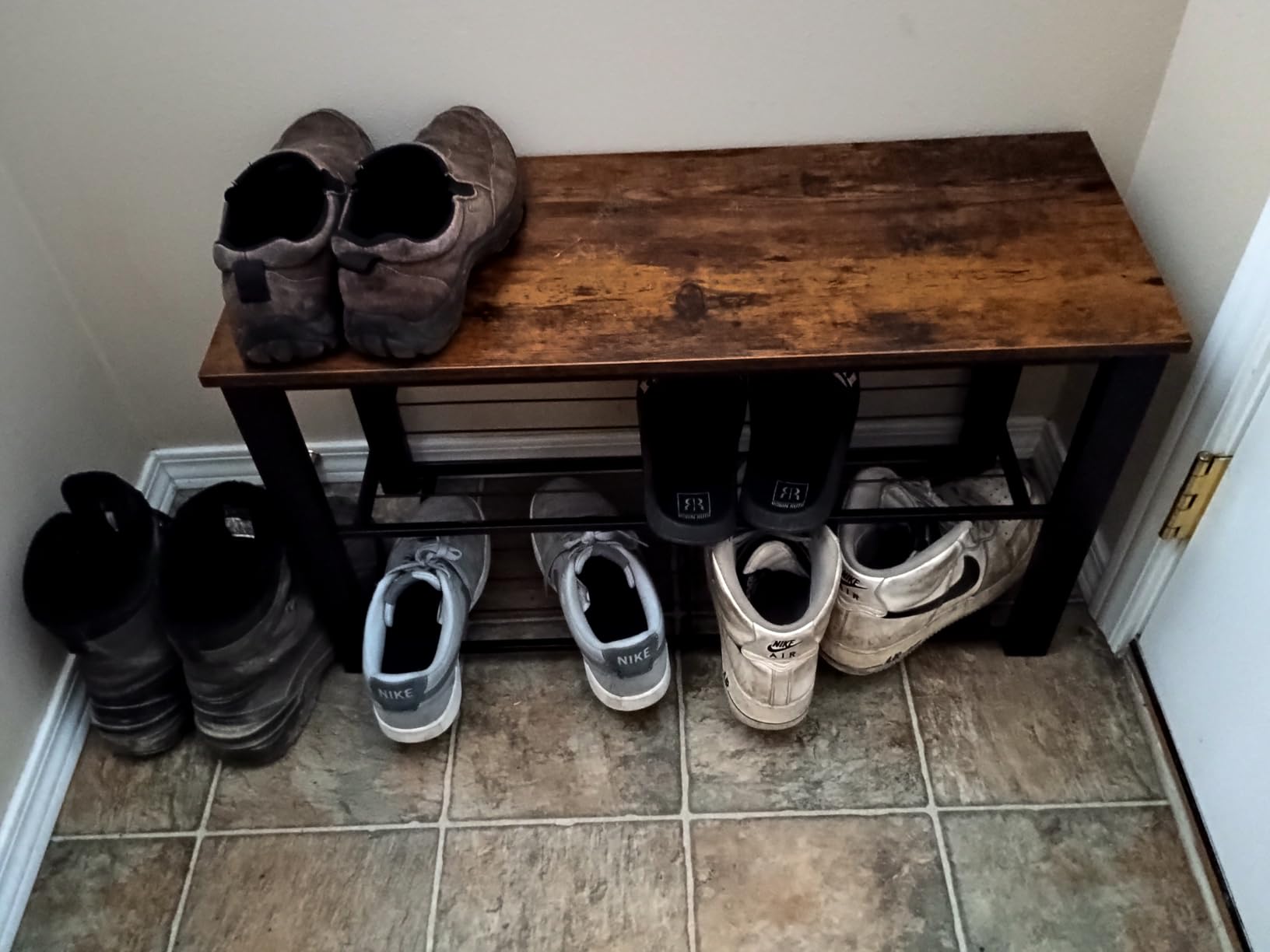 Simple Houseware Wooden Top Shoe Rack Bench with Bins, Rustic Brown customer photo 1