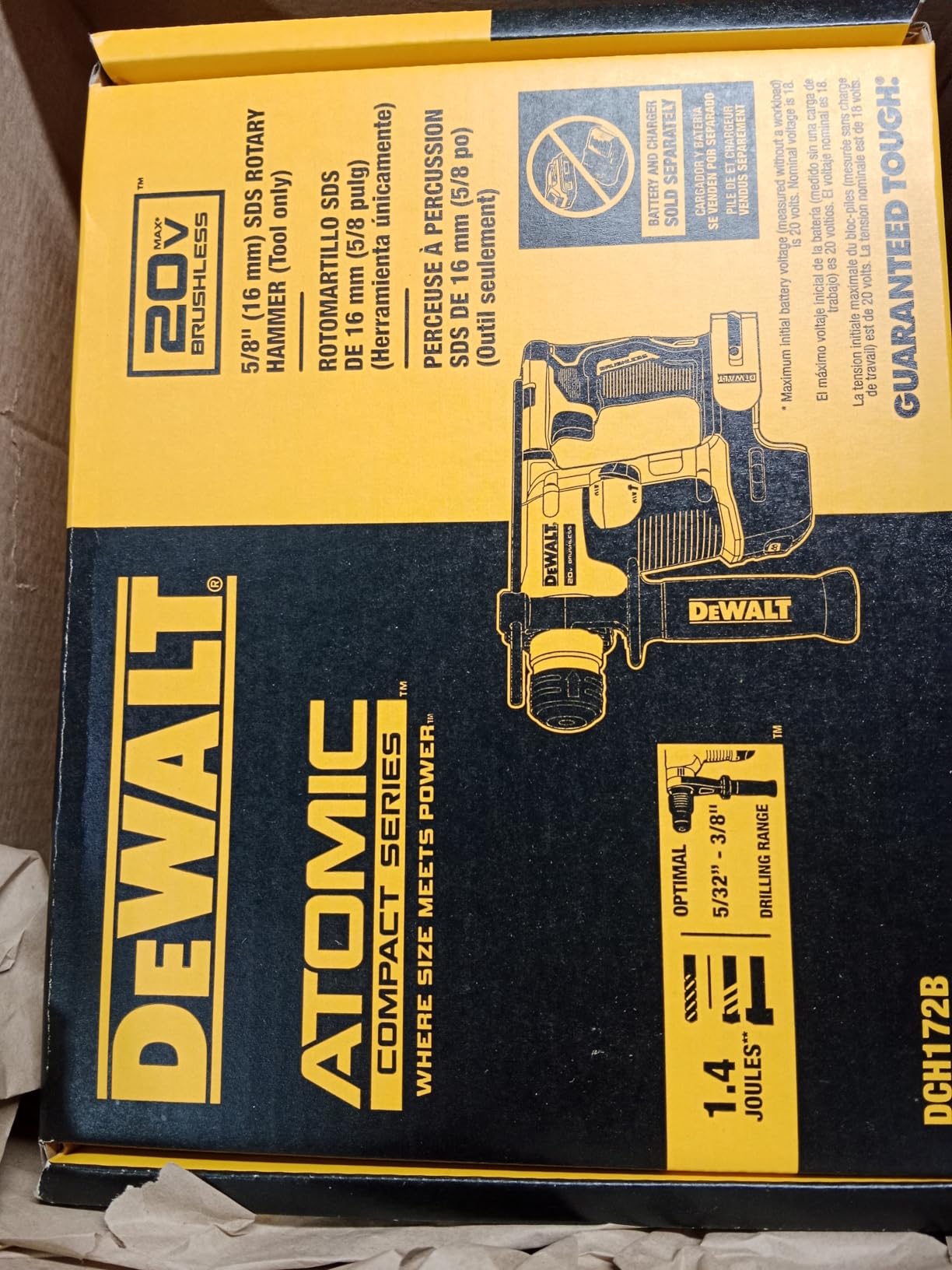 DEWALT 20V MAX SDS Plus Rotary Hammer Drill, Cordless, 5/8 in., Tool Only (DCH172B), Special Feature-Brushless Motor, Compact customer photo 2