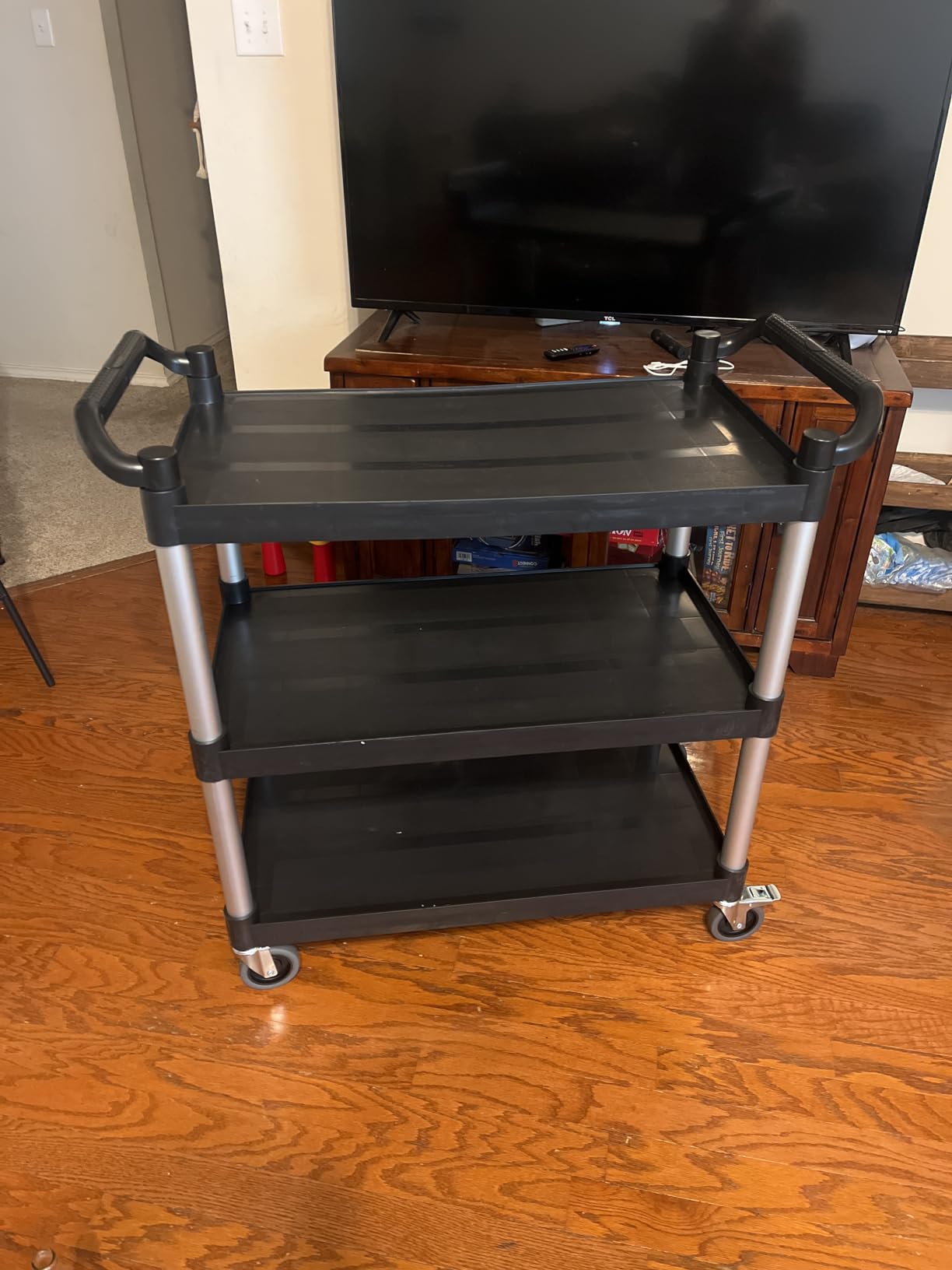 Plastic Commercial Cart Large Size, Restaurant Cart with Wheels Lockable, Heavy Duty Utility Service Cart for Foodservice, Commercial,Office, Warehouse, Black, 40.15X 19.29x 38.97 inches. customer photo 1