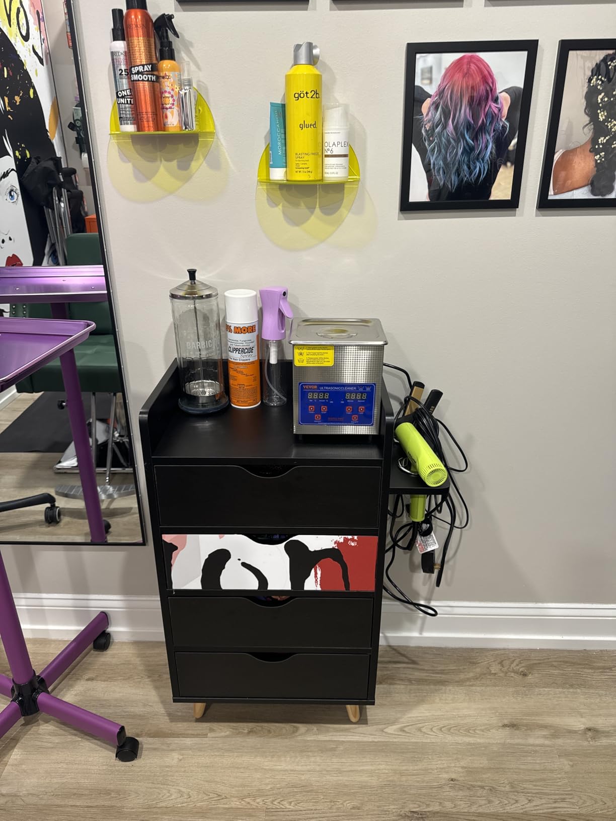 OmySalon 4 -Layer Salon Storage Cabinet,Beauty Barber Salon Styling Station Organizer Equipment,Hair Stylist Station Set with 2 Hair Dryer Holders,4 Drawers and Raised Table Legs, Black customer photo 2