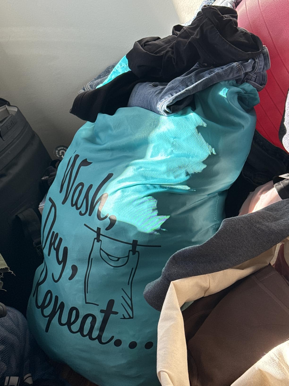 Extra Large Travel Laundry Bag - 2-Pack Fun Print Design Bags for Dirty Clothes - Durable Water-Resistant Fabric - Sturdy Drawstring Closure (Teal-Grey | Wash Dry Repeat) customer photo 2