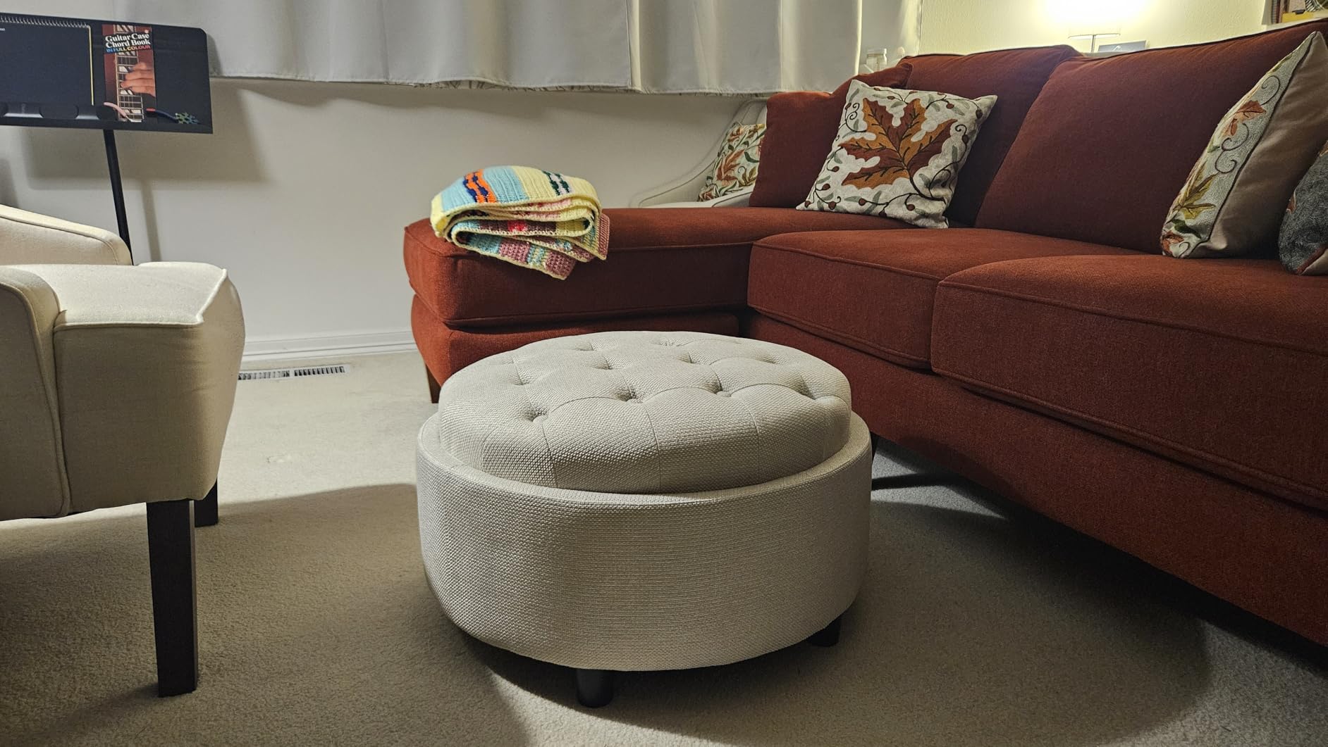 COLAMY Fabric Round Storage Ottoman with Reversible Tray Lid – Multi-Functional Footrest, Hidden Storage, Sturdy & Stylish Small Coffee Table for Living Room, Bedroom, or Entryway(Dark Grey) customer photo 1