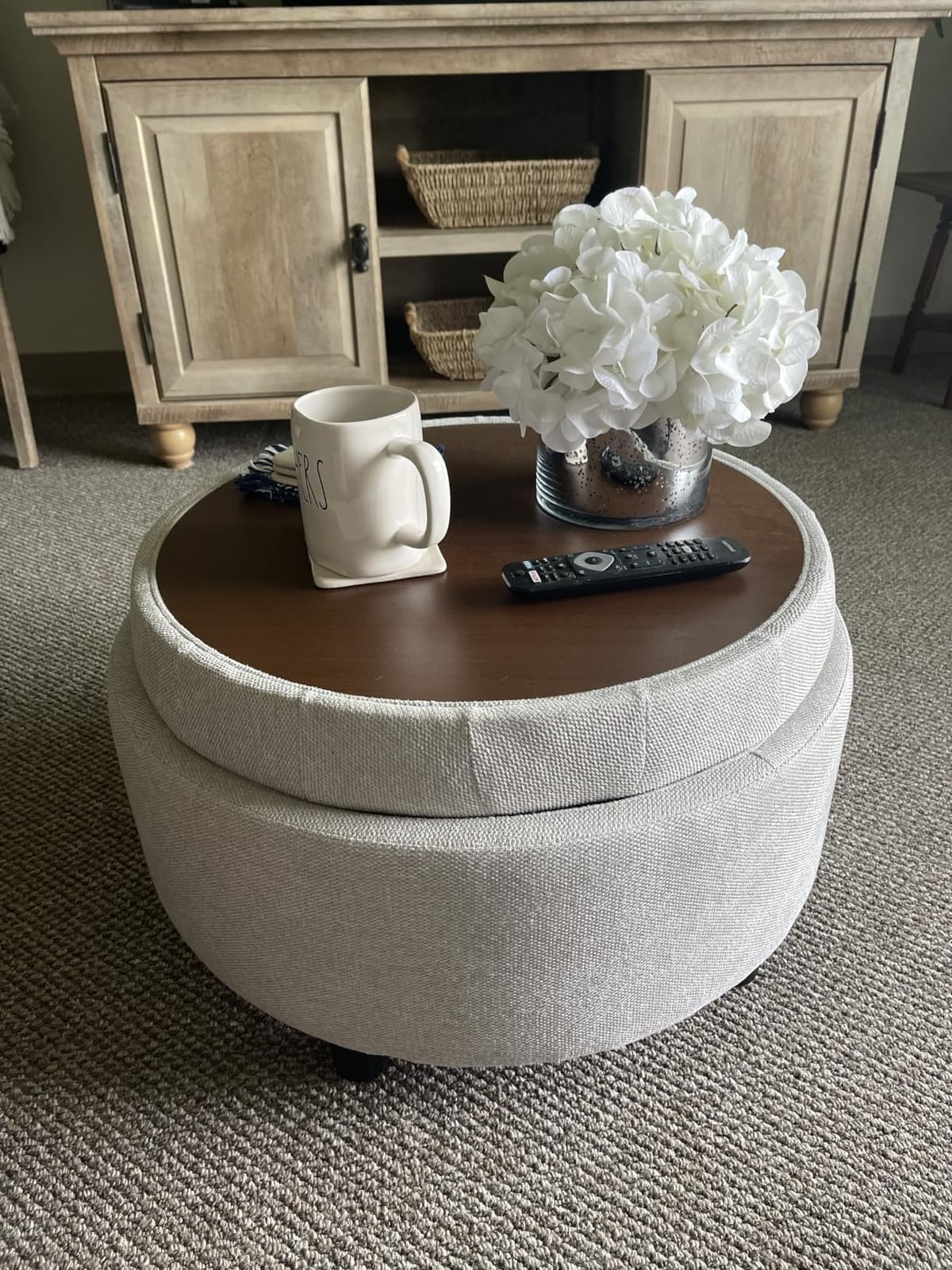 COLAMY Fabric Round Storage Ottoman with Reversible Tray Lid – Multi-Functional Footrest, Hidden Storage, Sturdy & Stylish Small Coffee Table for Living Room, Bedroom, or Entryway(Dark Grey) customer photo 2