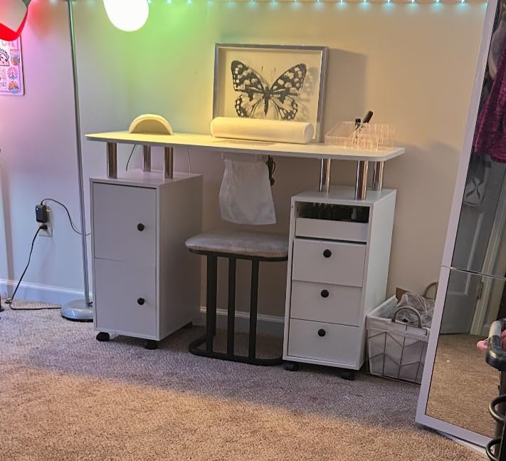 Nail Desk for Nail Tech w/Electric Dust Collector, Rolling Manicure Table w/Lockable Wheels, Storage Drawers, Wrist Cushion, Acetone Resistant, for Nail Beauty Salon Workstation (White) customer photo 2
