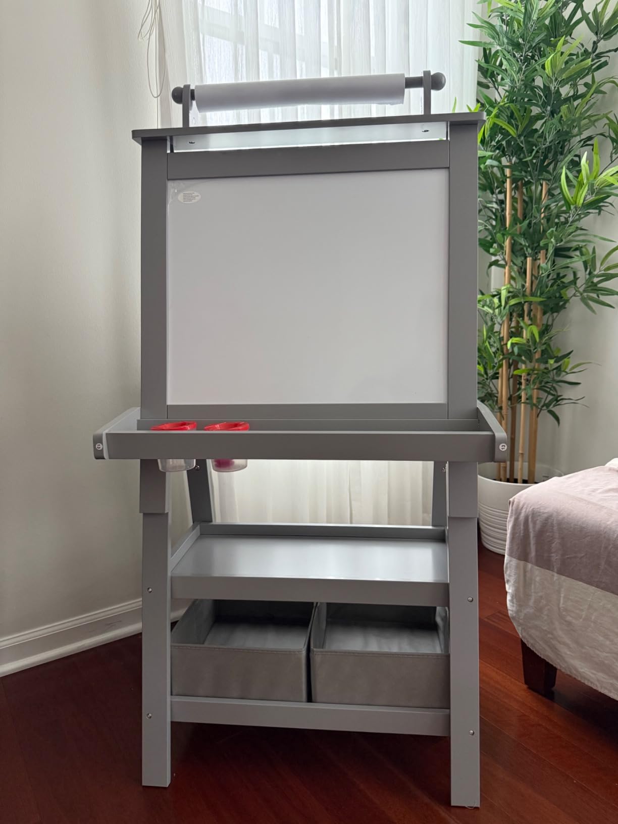 Costzon Kids Art Easel, 3 in 1 Double-Sided Painting Easel w/Magnetic Whiteboard, Chalkboard & Paper Roll, 2-Tier Storage Rack & 2 Boxes, Standing Easel for Kids, Toddlers, Boys, Girls (Natural) customer photo 2