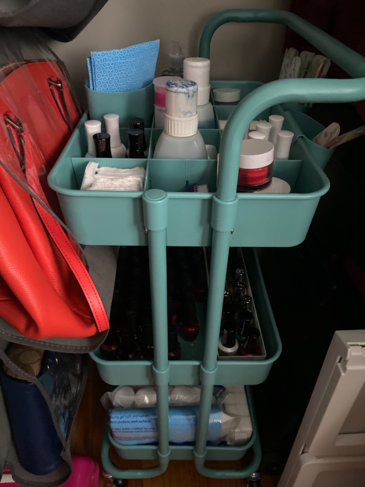 ALVOROG Rolling Storage Cart with 5 Drawers,Pegboards,Wooden Top,Bins,White customer photo 1