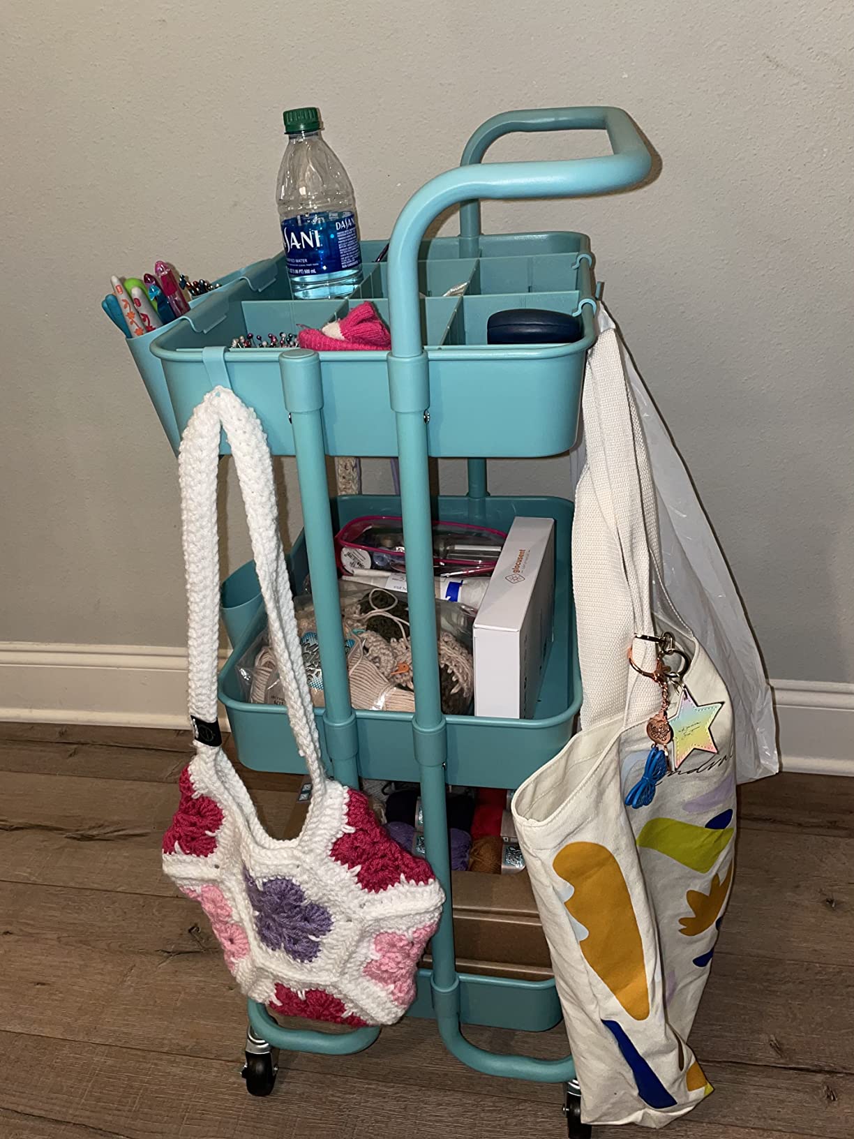 ALVOROG Rolling Storage Cart with 5 Drawers,Pegboards,Wooden Top,Bins,White customer photo 2