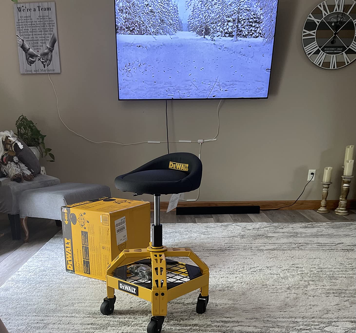 DEWALT Heavy Duty Adjustable Rolling Shop Stool, 360-degree Swivel Industrial Garage Stool with Padded Seat, Storage Shelf, Removable Wheels customer photo 1
